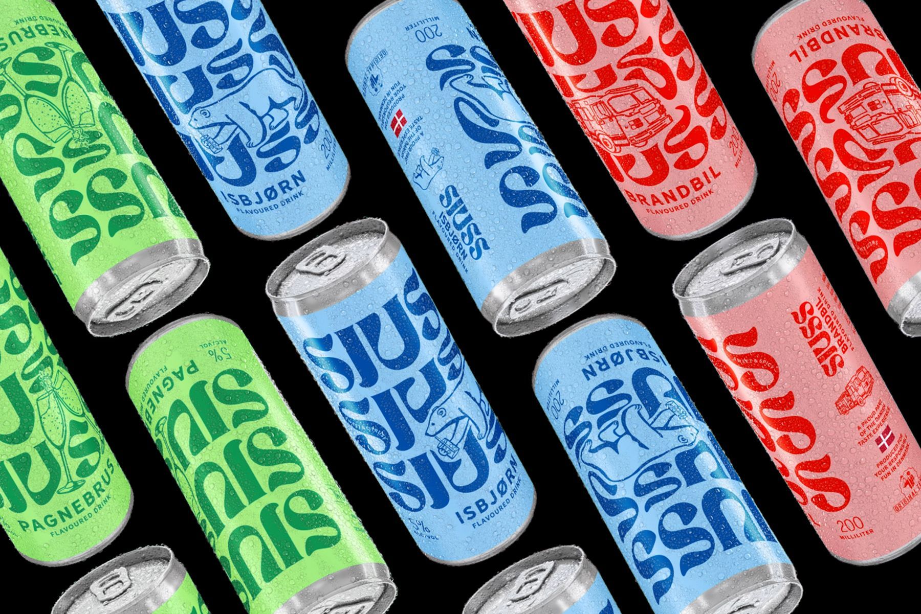 Cans of RTDs in various colors and flavors, Sjuss from Original Tender, arranged diagonally on a black background.