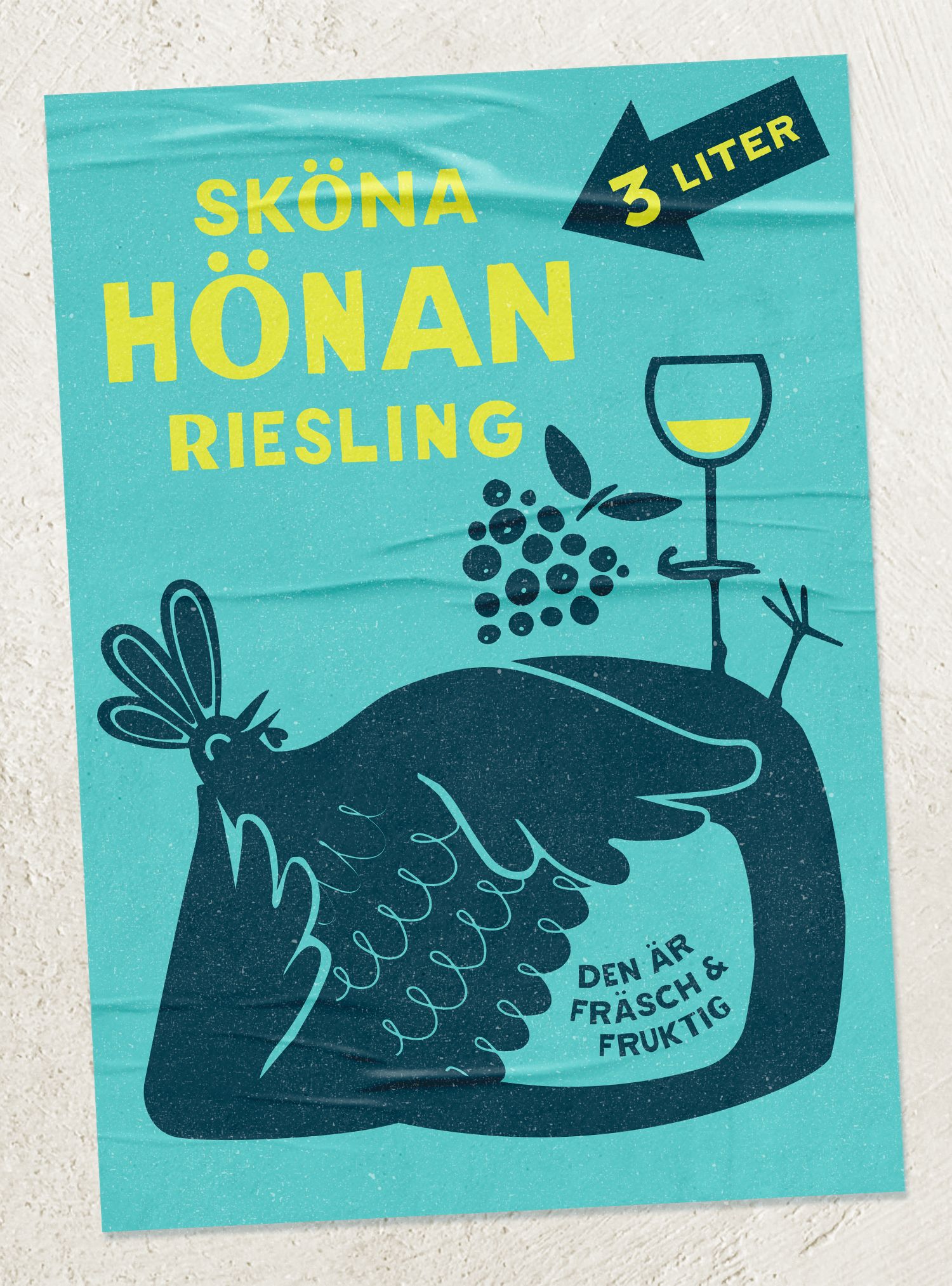 Wine bag with teal background, illustration of a chicken, and 