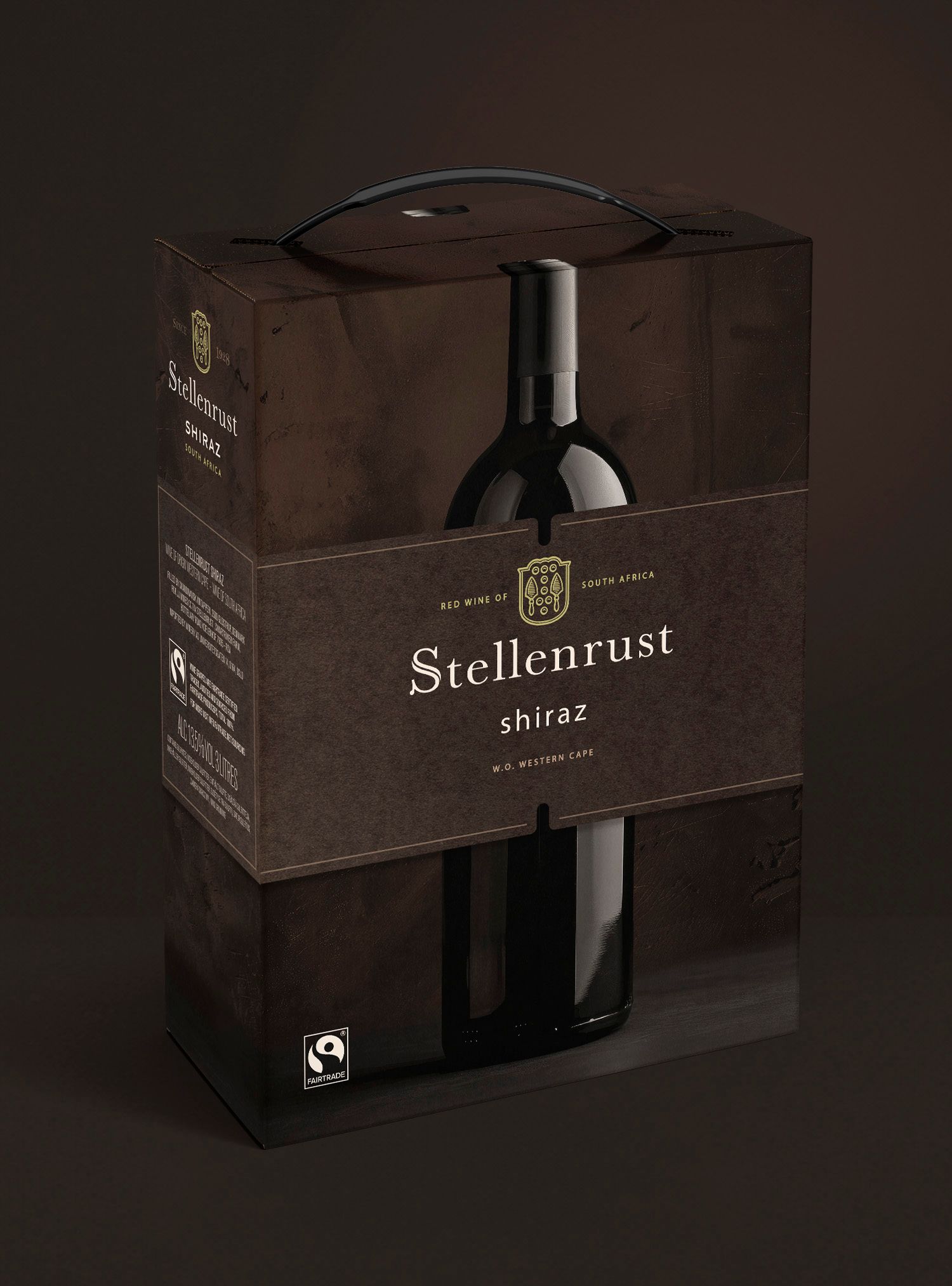 Wine bottle in a cardboard carrier, dark brown, with handle and label. Stellenrust shiraz