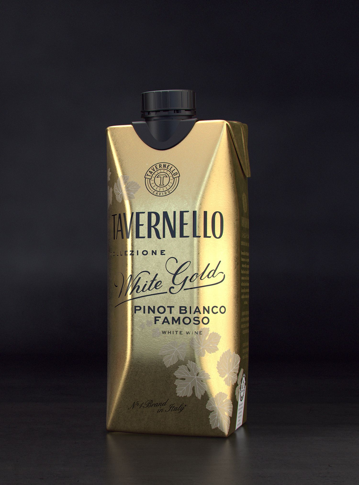 Gold-colored box of Taverello White Gold Pinot Bianco wine, against a dark background.