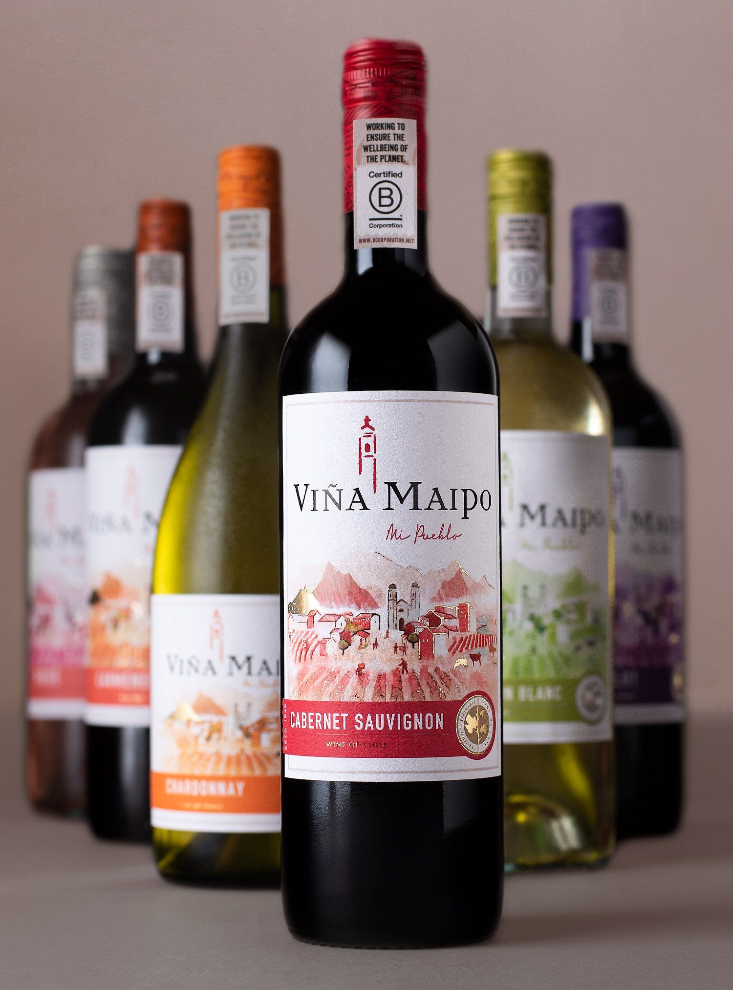 Wine bottles of various colors in front of a neutral backdrop, one in focus.
