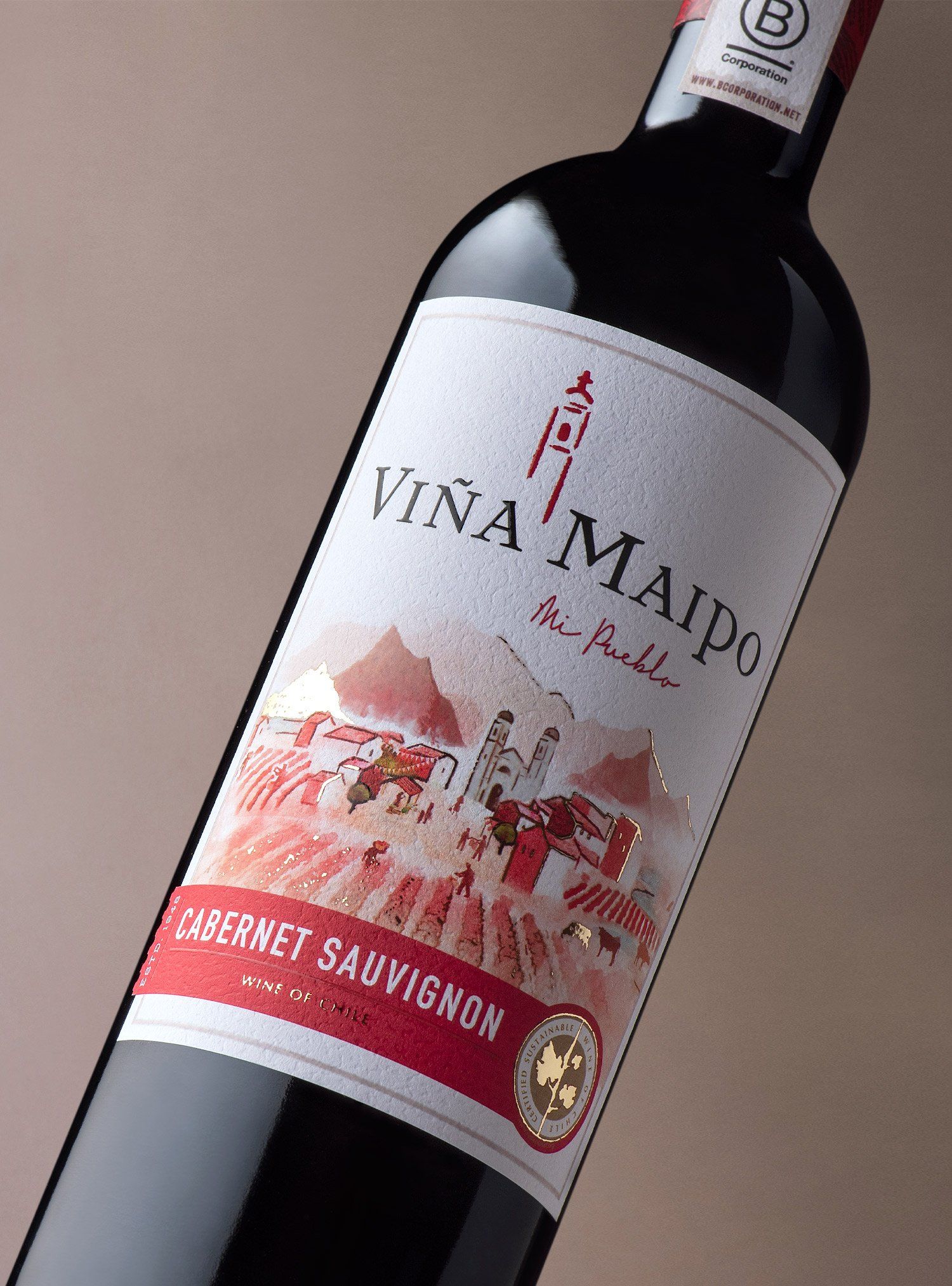 Viña Maipo Cabernet Sauvignon wine bottle. White label with red accents, showing a vineyard scene.