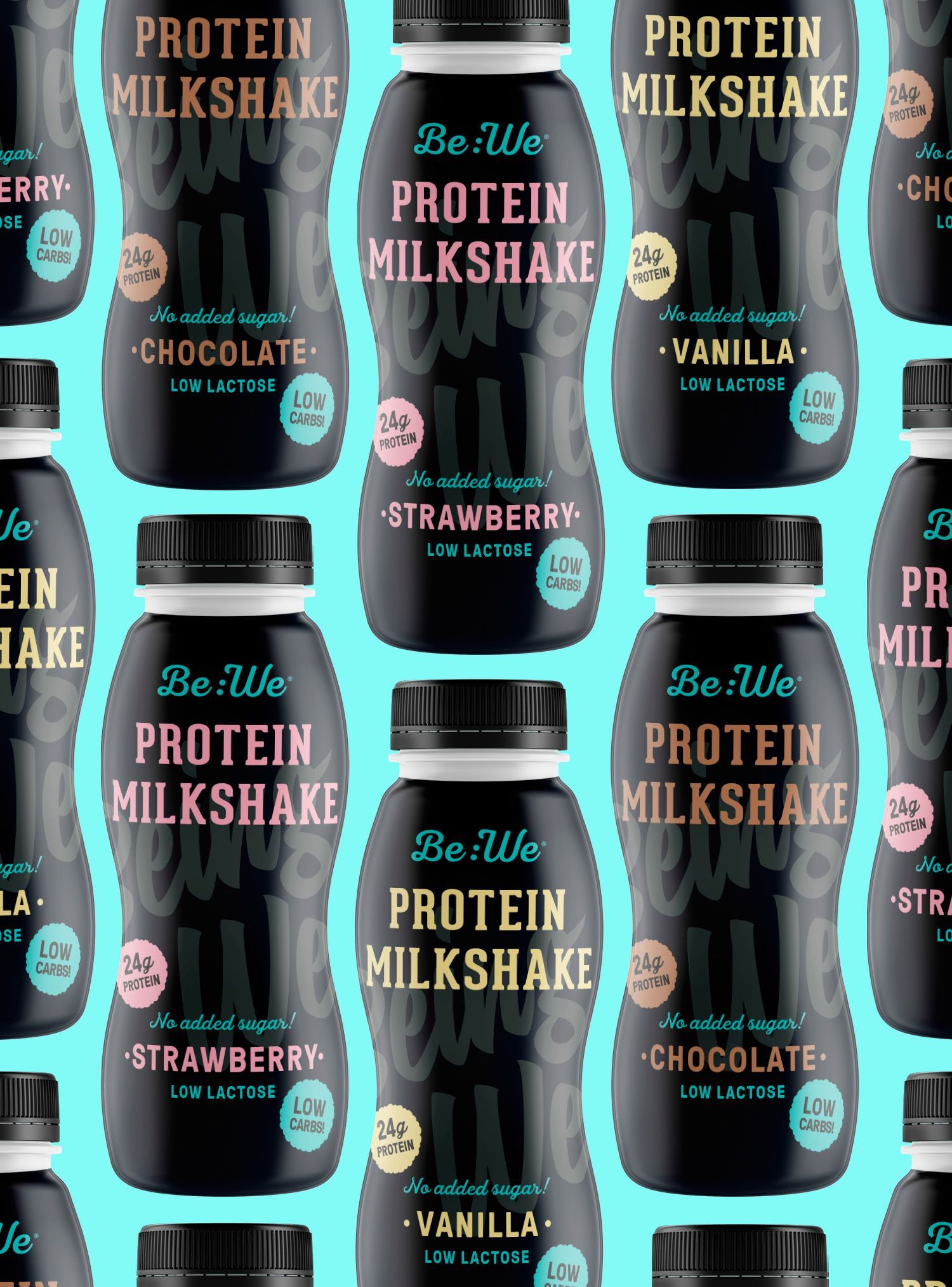 Rows of protein milkshake bottles in various flavors on a blue background.