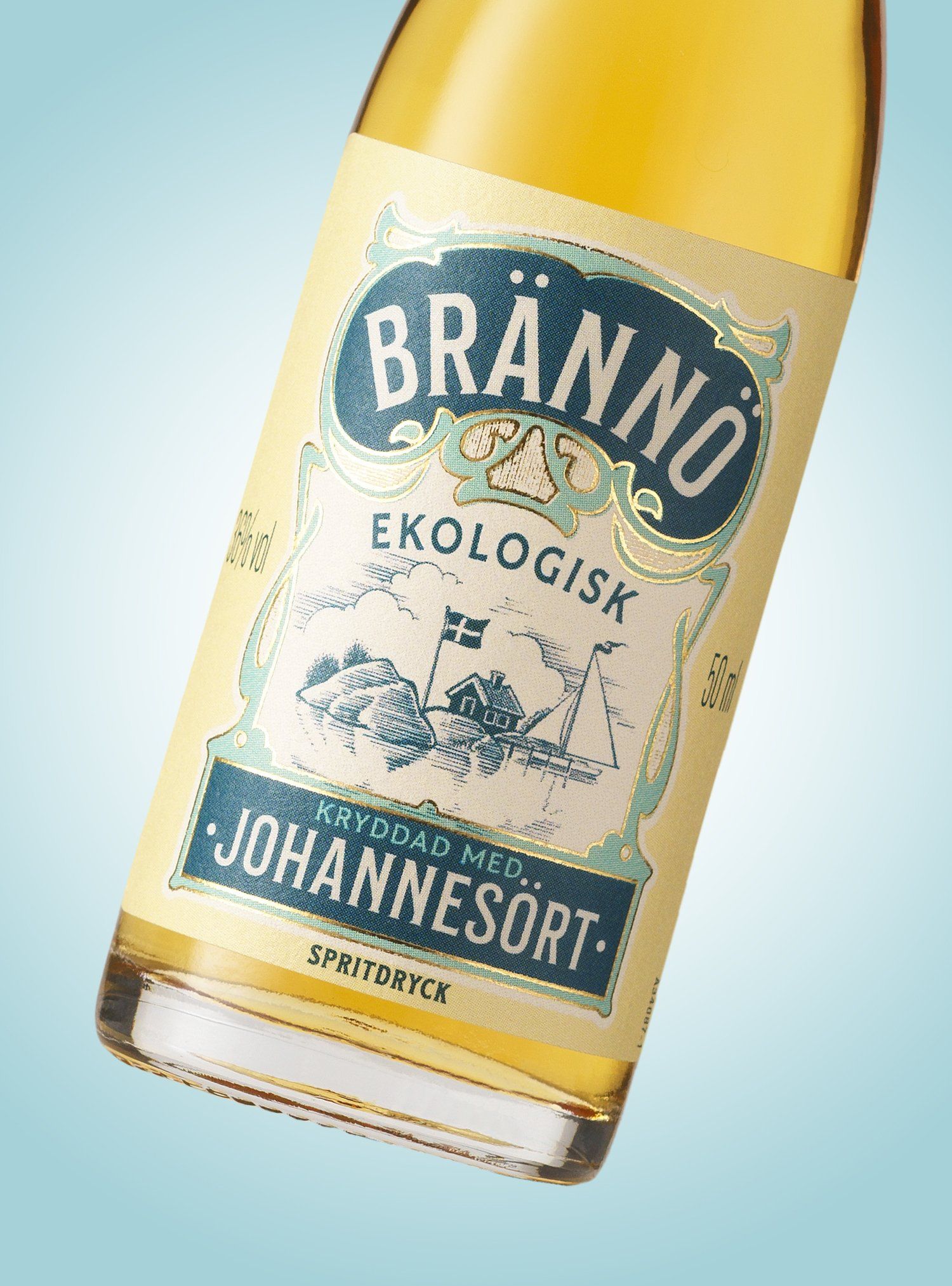 Bottle of Brännö organic soda, labeled with Swedish text, angled on a gradient blue background.