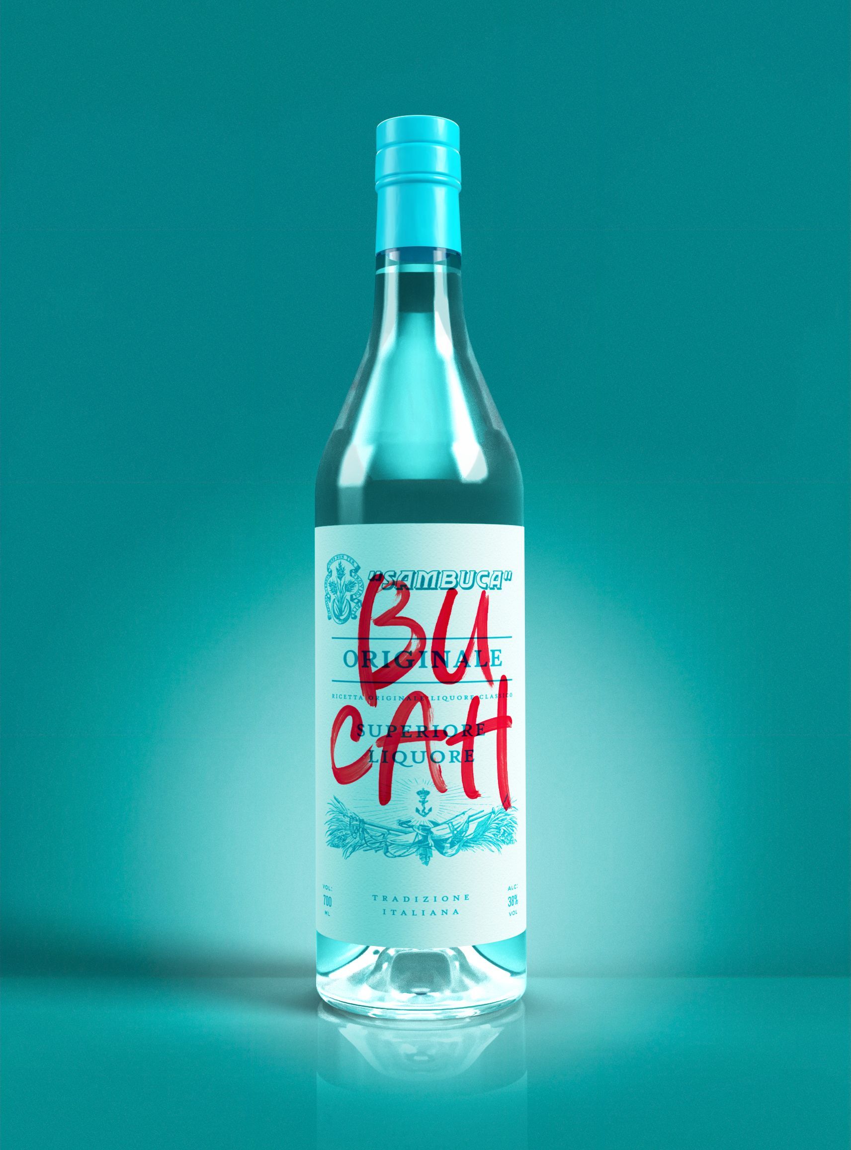 Bottle of clear liquid with a blue cap and label, against a turquoise background. Label reads 