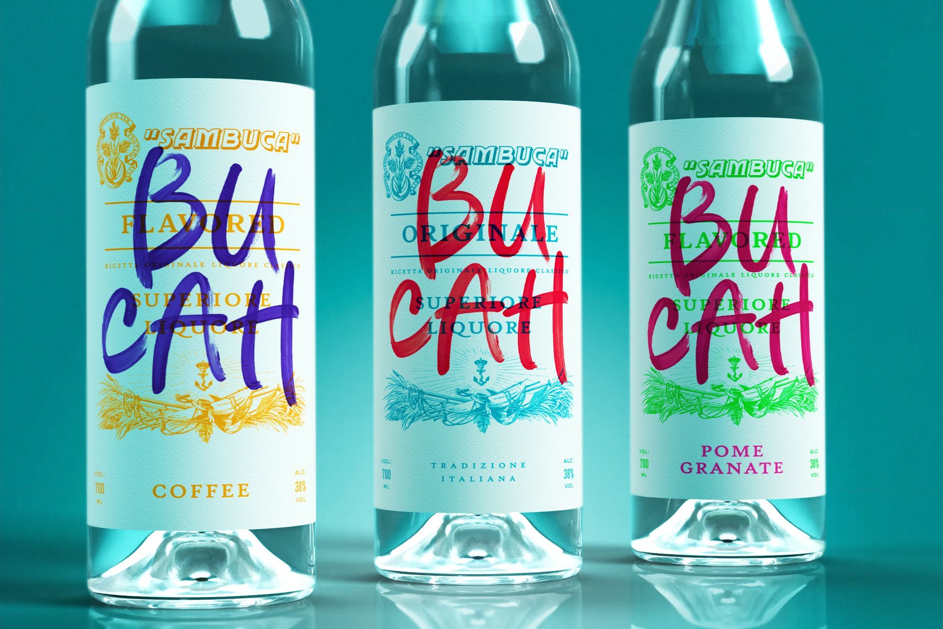 Three bottles of Bucah flavored water with colorful labels: coffee, original, and pomegranate.