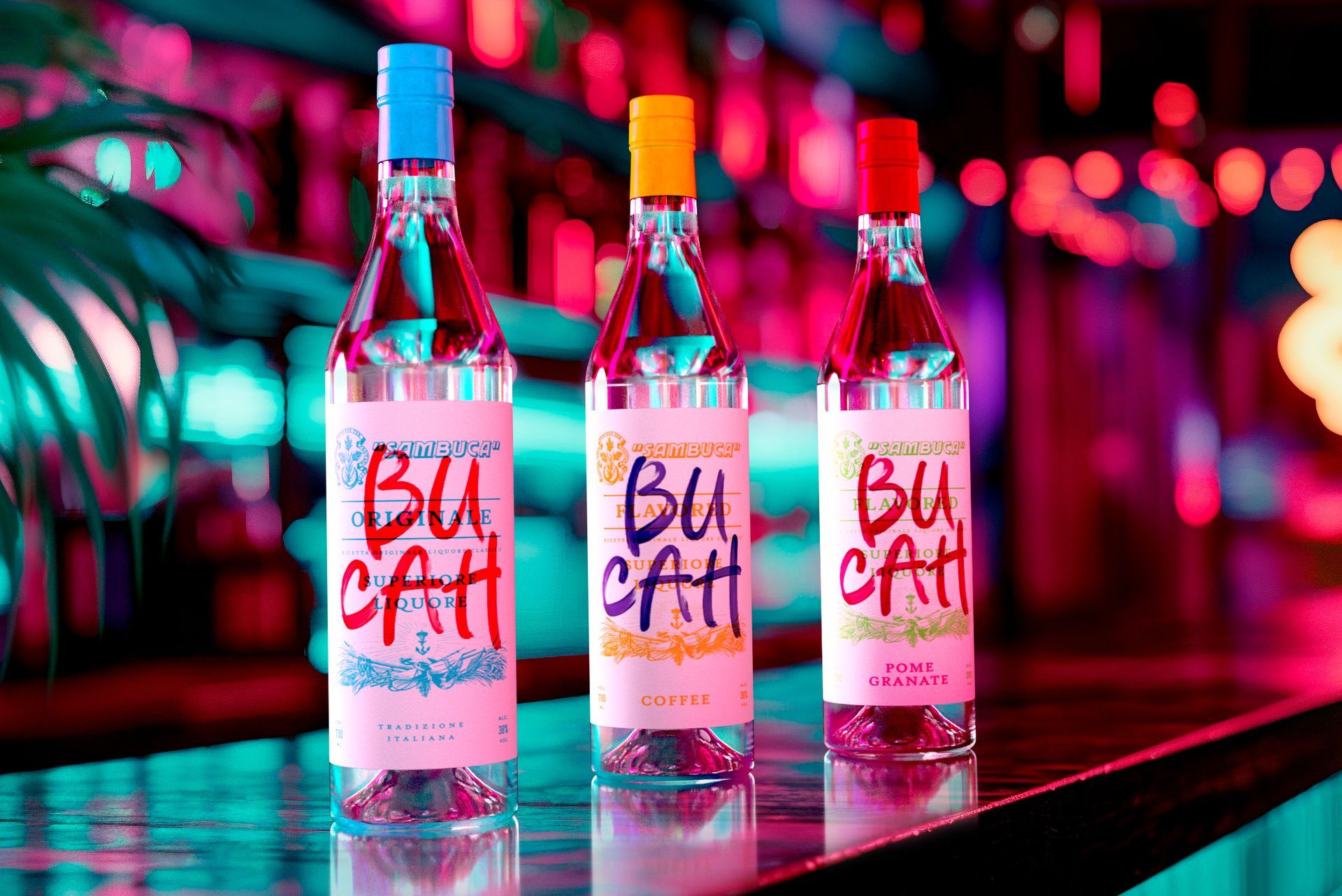 Three Bucah liquor bottles with colorful caps on a bar. The background is a blurry neon-lit setting.