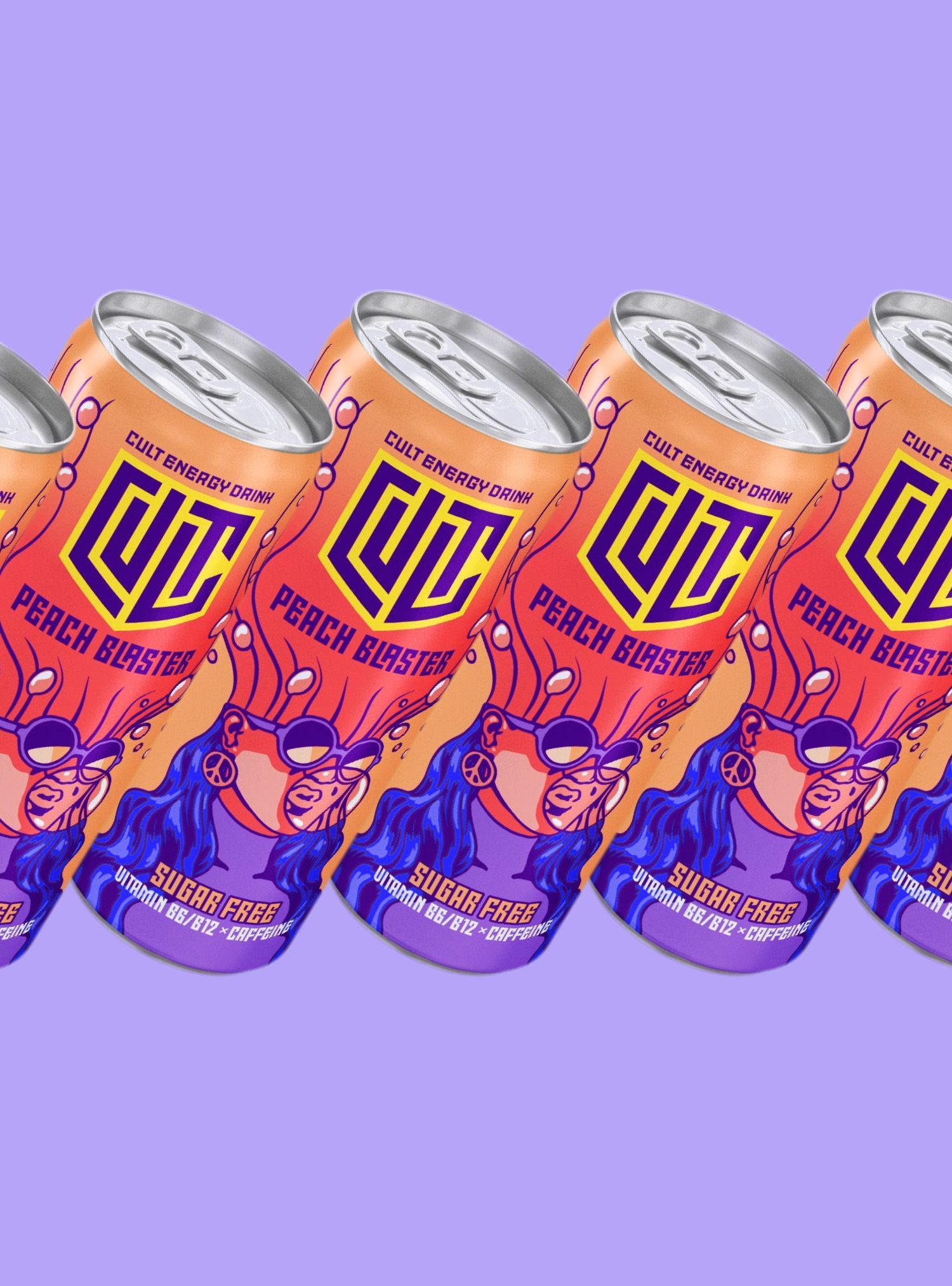 Row of peach-colored energy drink cans with a stylized graphic of a face and logo on a purple background.