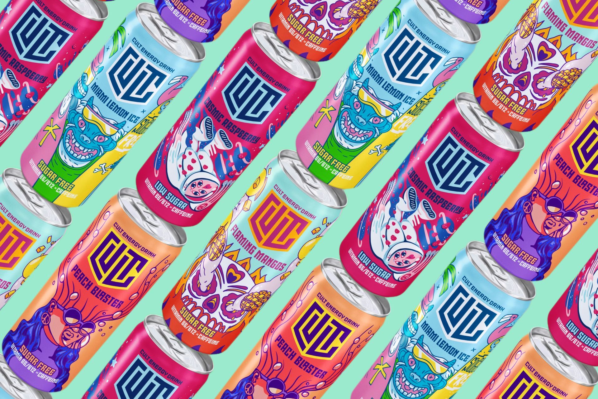 Colorful energy drink cans arranged diagonally on a light green background. Each can has a distinct design with bold colors.