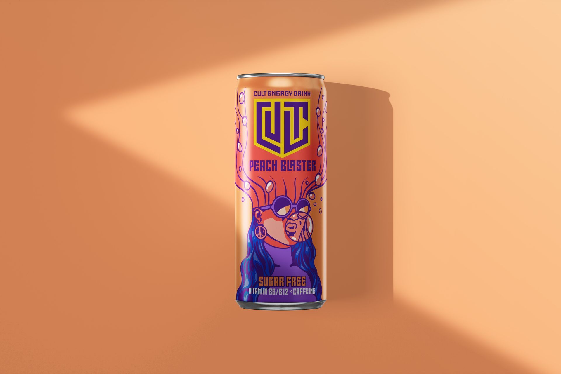 Energy drink, CULT, can with a peach flavor, featuring a pixelated monster, on an orange background.