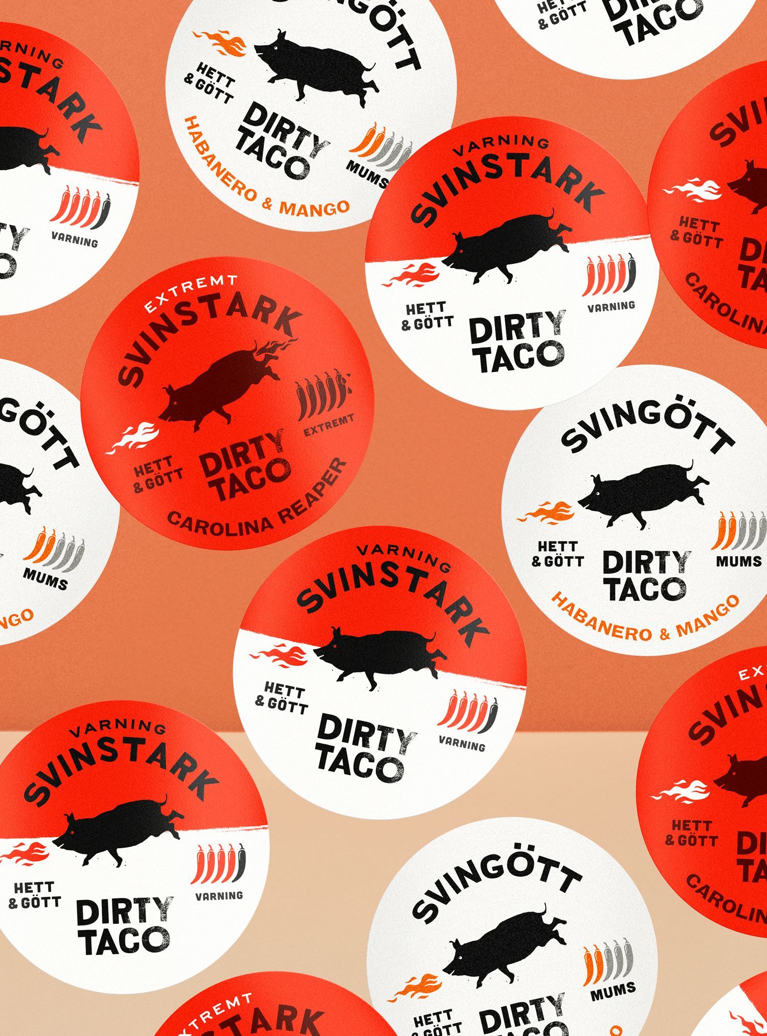 Repeating pattern of red and white circular logos with a pig silhouette and