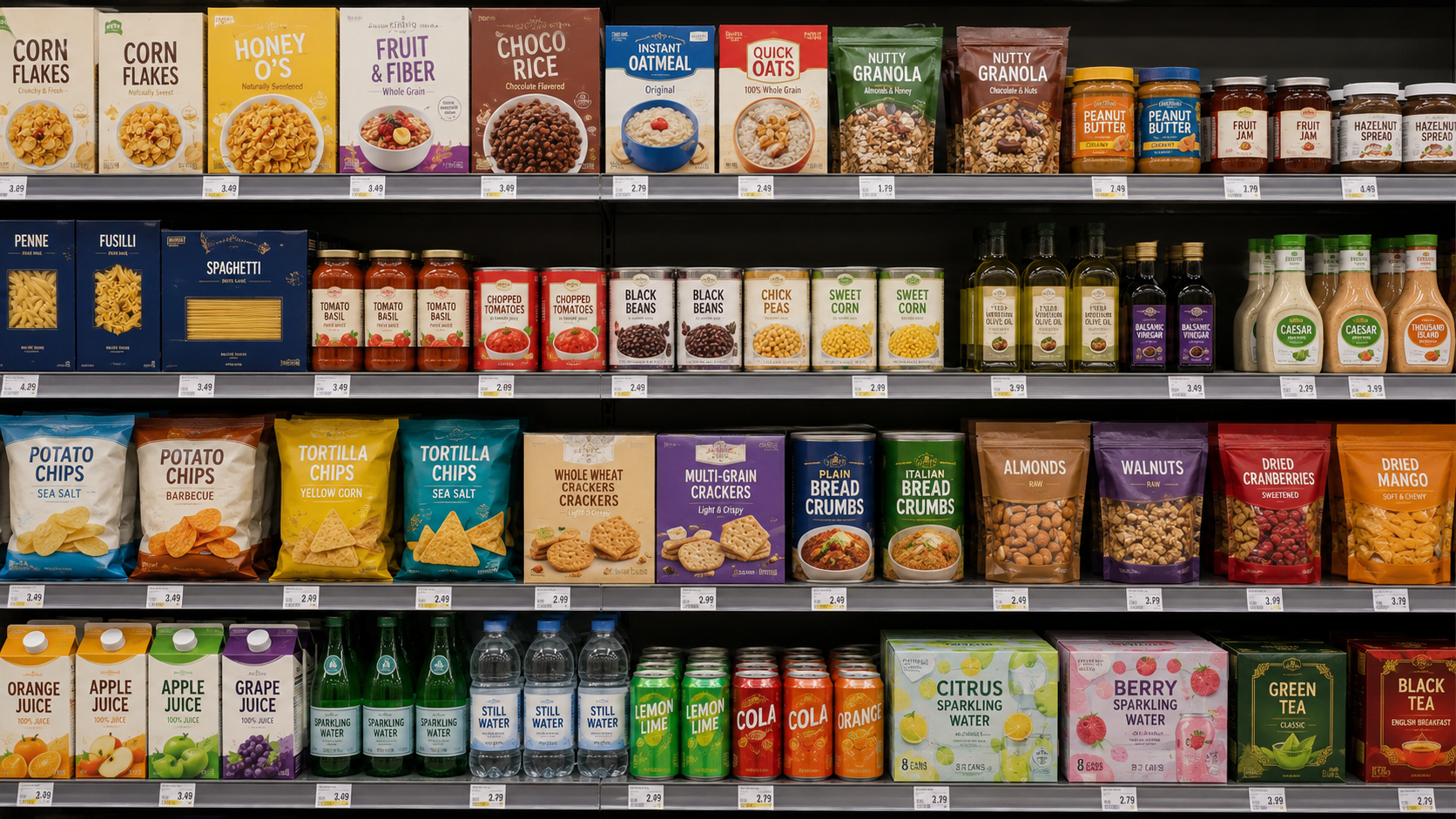Grocery store shelves stocked with colorful boxed and bottled food and beverage products