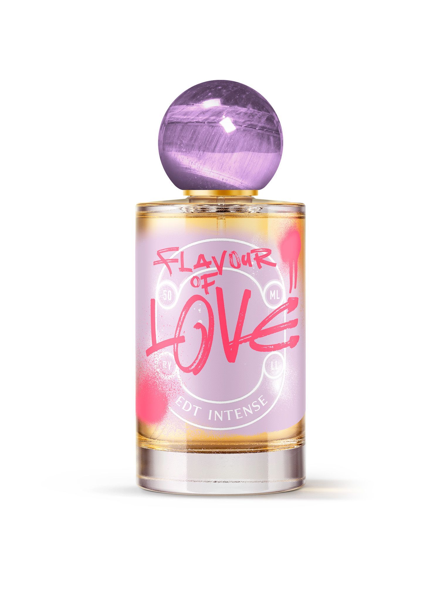 Perfume bottle with a purple-topped cap and