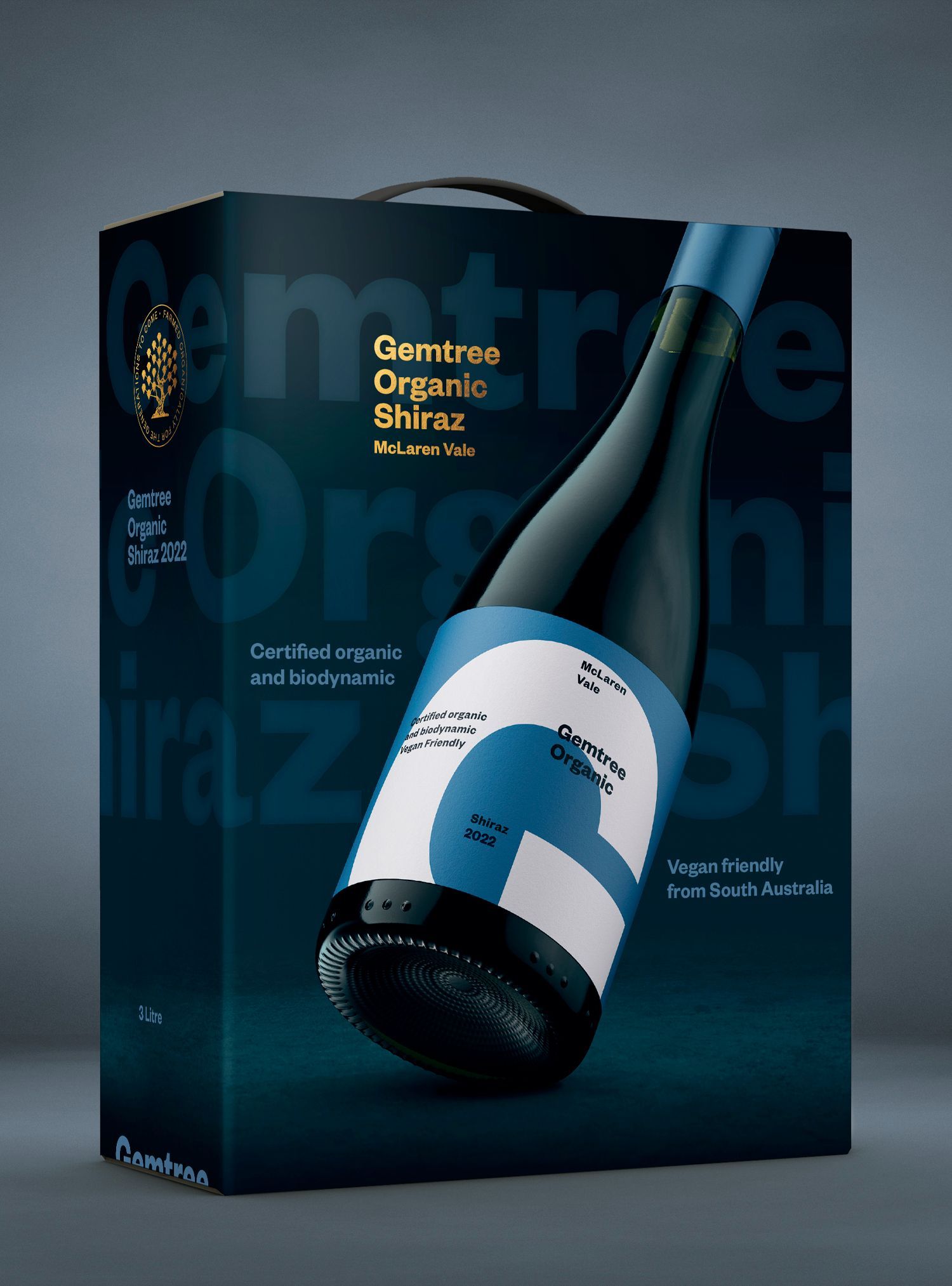 Dark blue wine box with bottle of Gemtree Organic Shiraz.