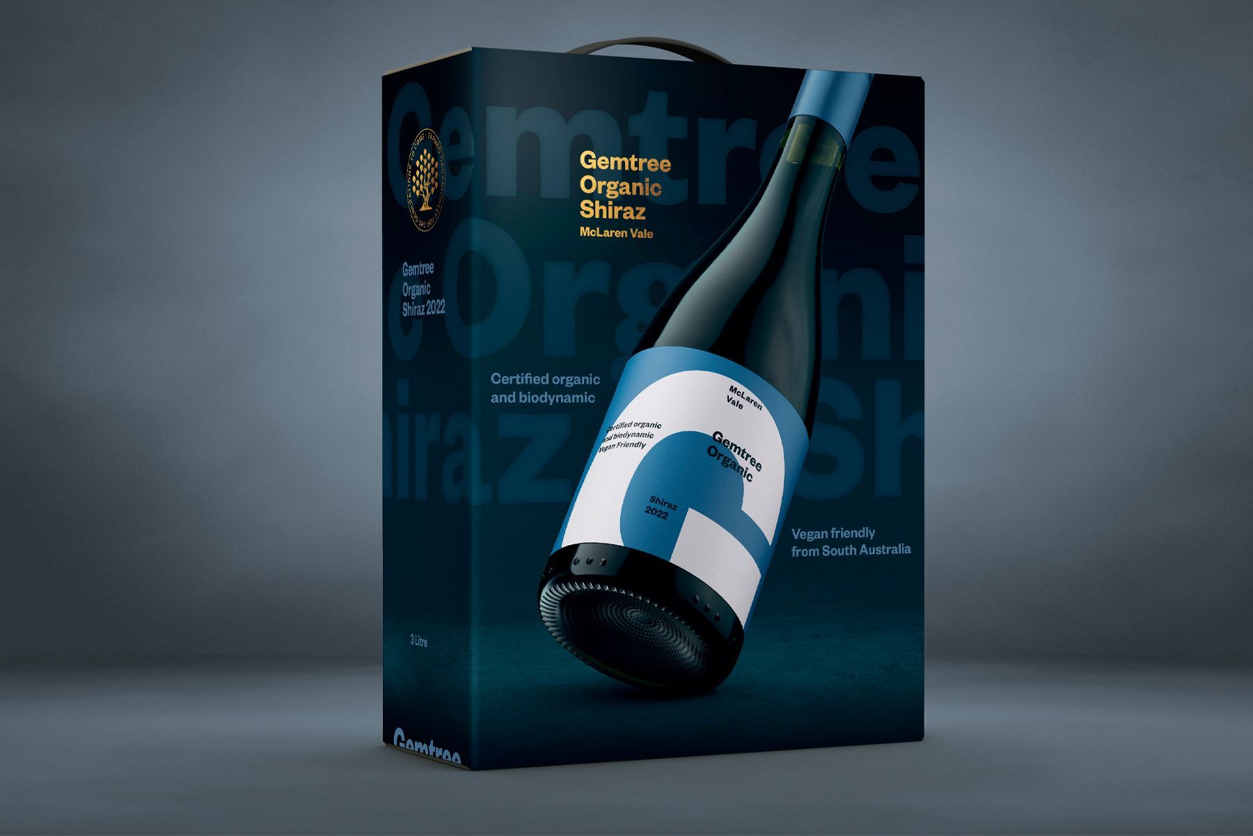Dark blue BIB, Gemtree, with a wine bottle illustration. 