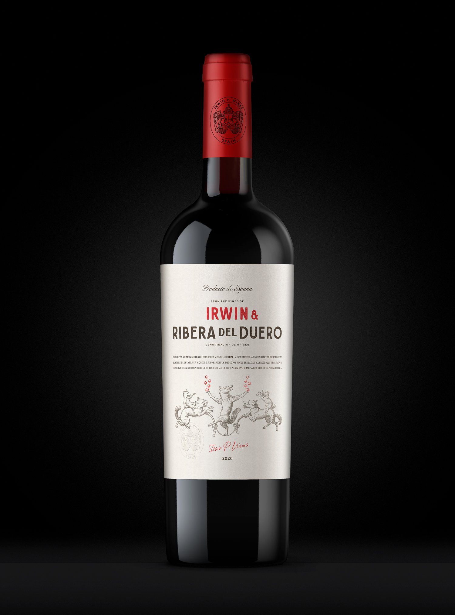 Bottle of red wine with a red cap and a white label, set against a black background.