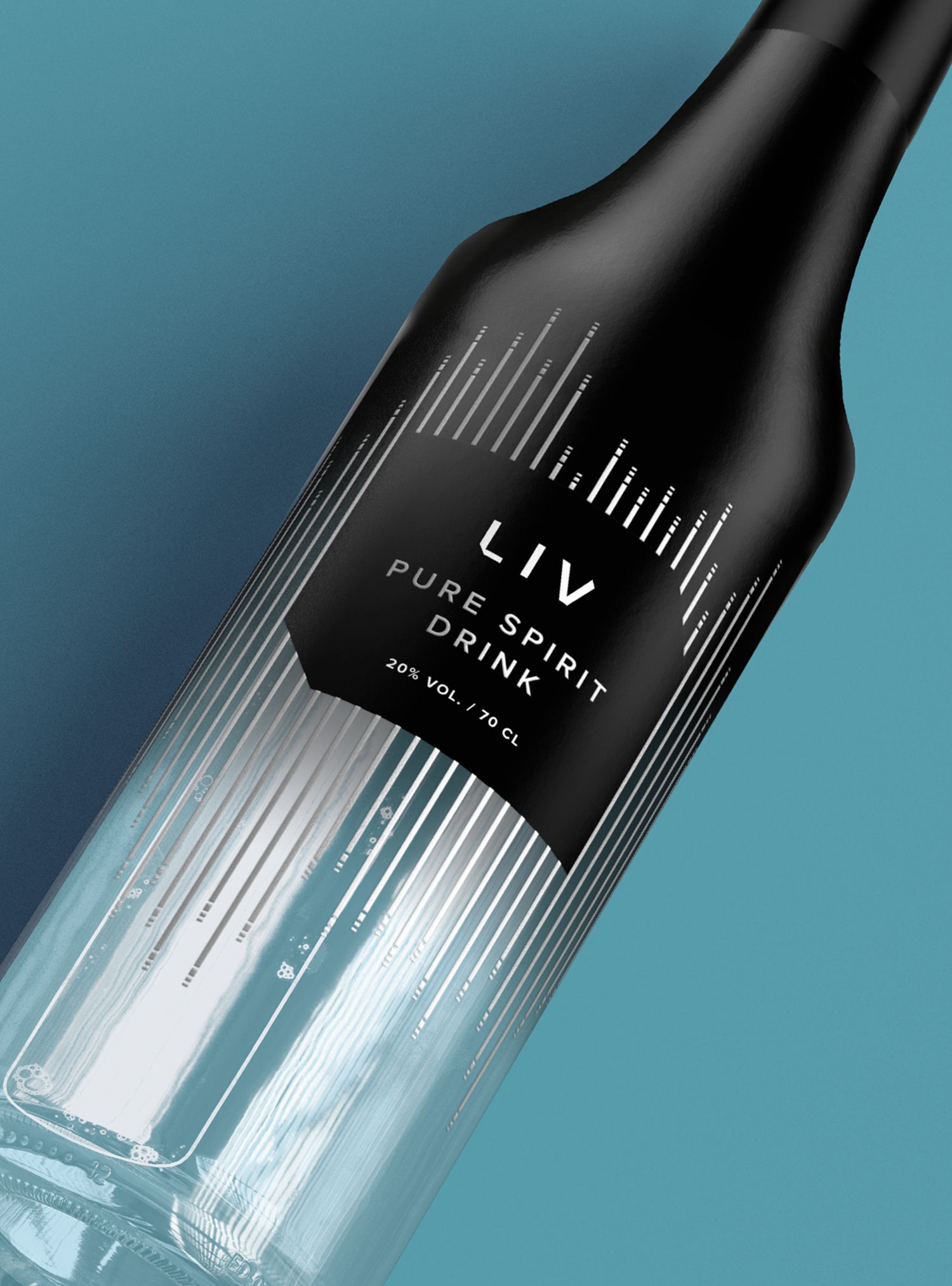 Black and clear spirit bottle with silver label