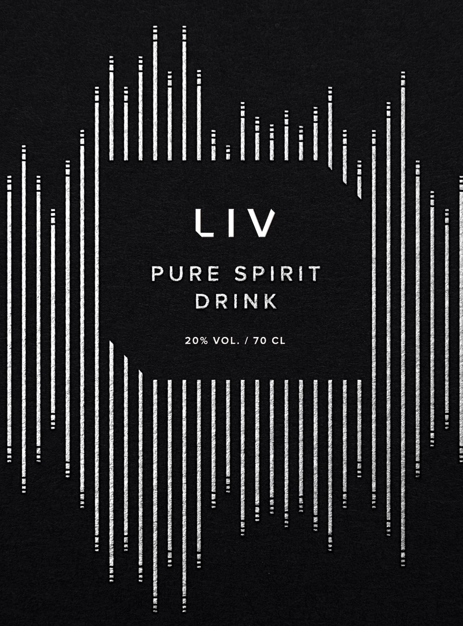 Black and white LIV liquor label. Features vertical lines around a square with the brand name,