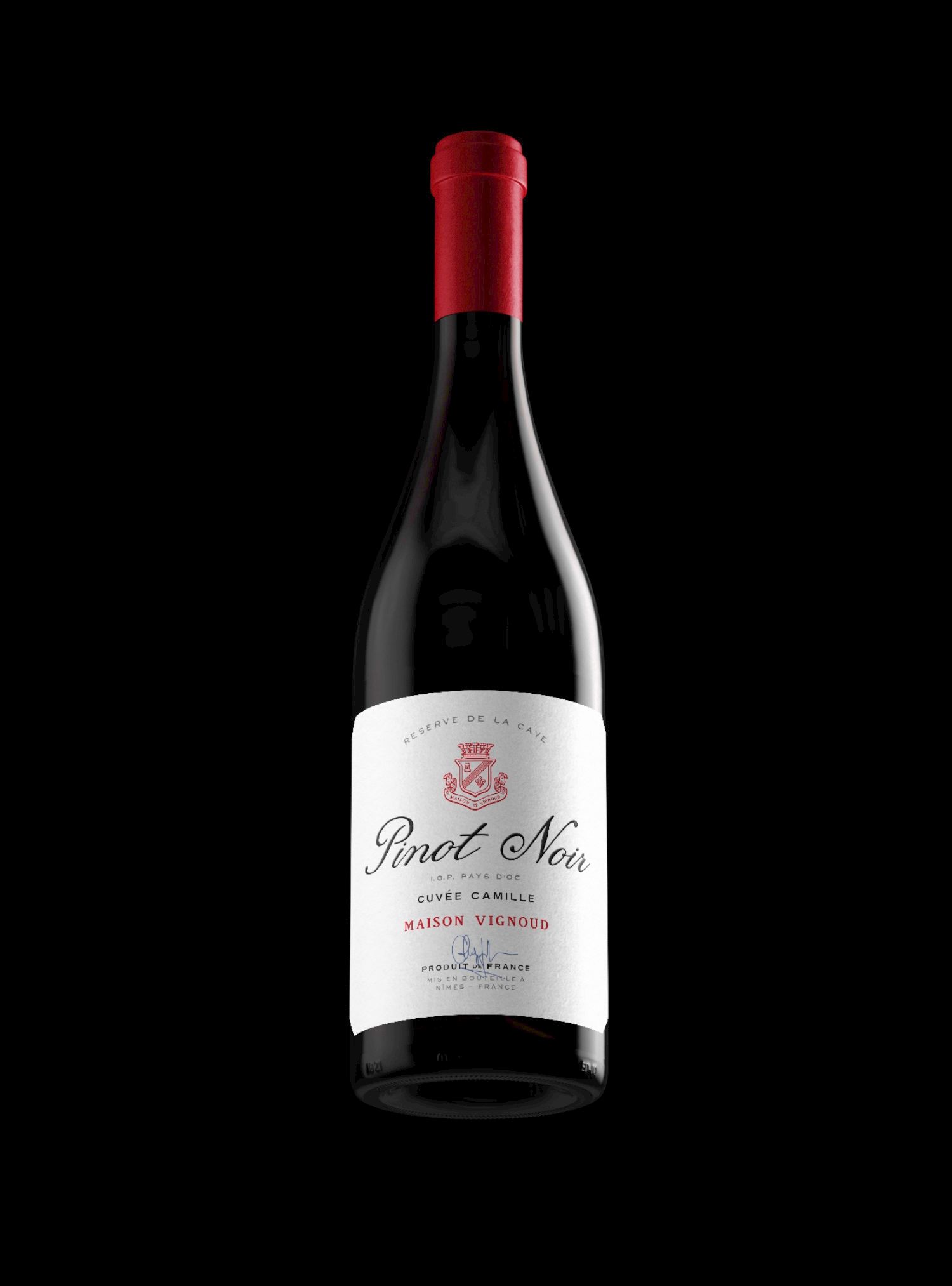 Wine bottle of Pinot Noir with red cap and white label on black background.