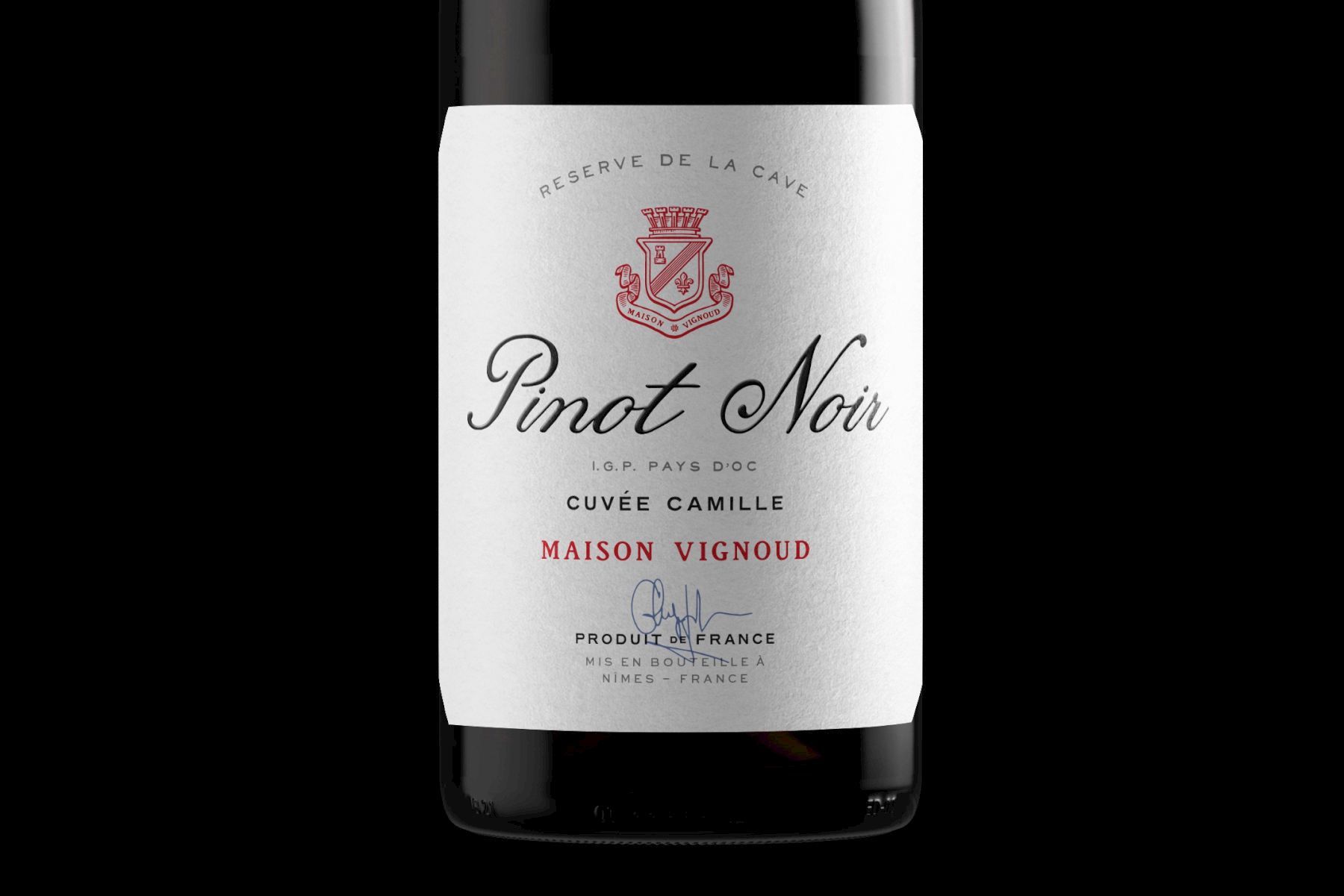 Wine bottle with white label: 