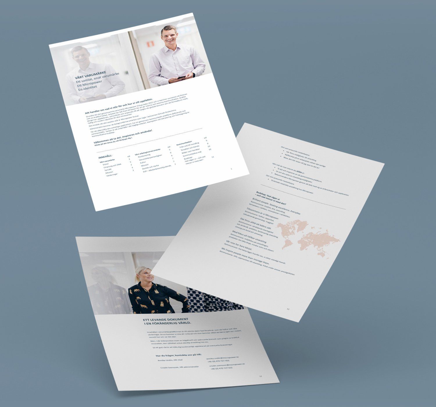 Three pages of a document floating against a grey background; the pages show images and text.
