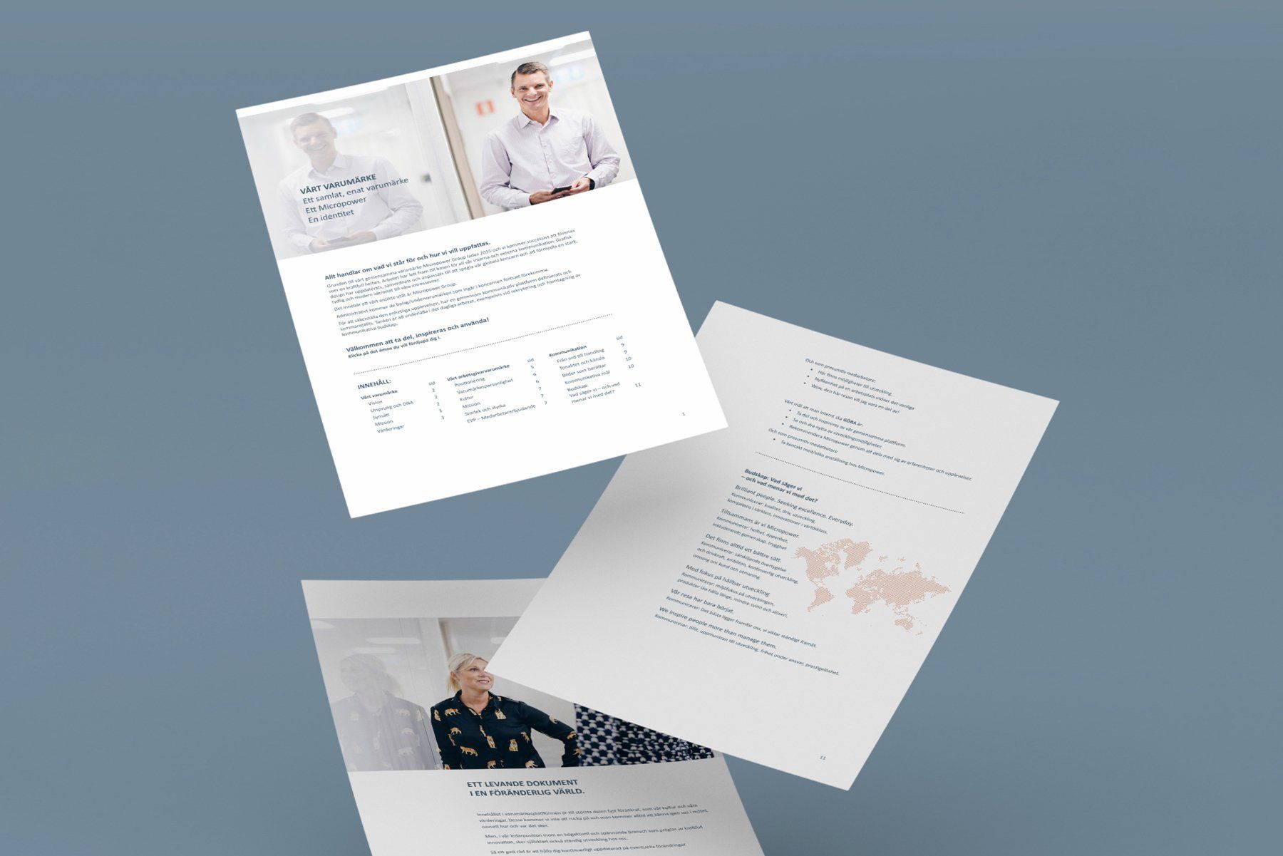 Three floating pages with text and photos of people.