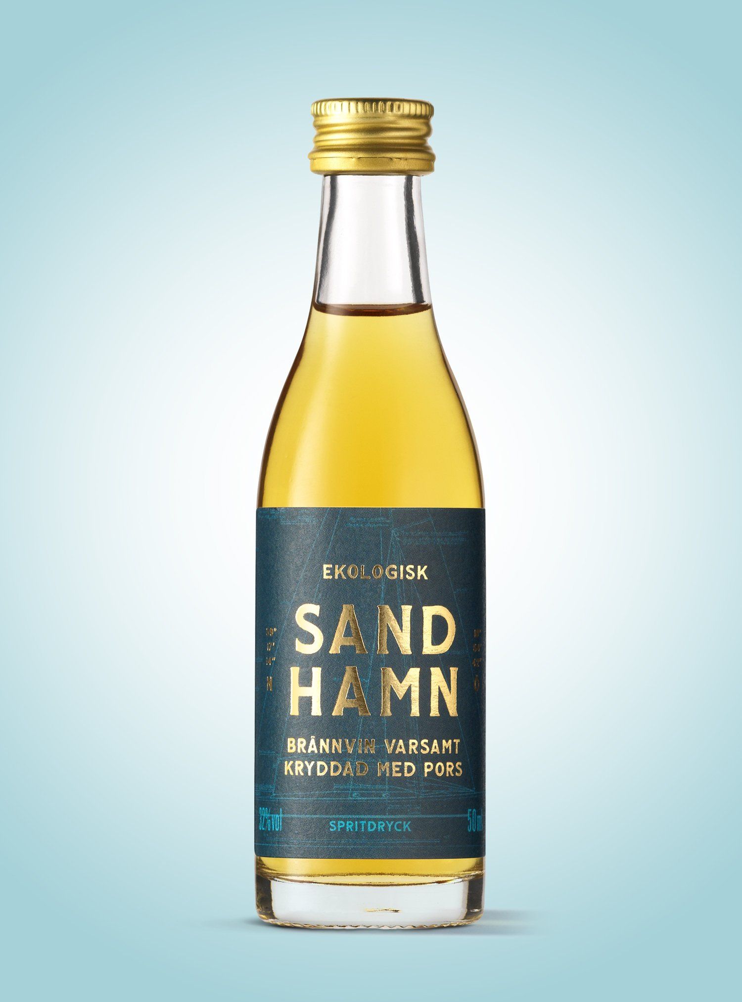 Small bottle of Sandhamn organic vodka with a dark blue label and gold cap.