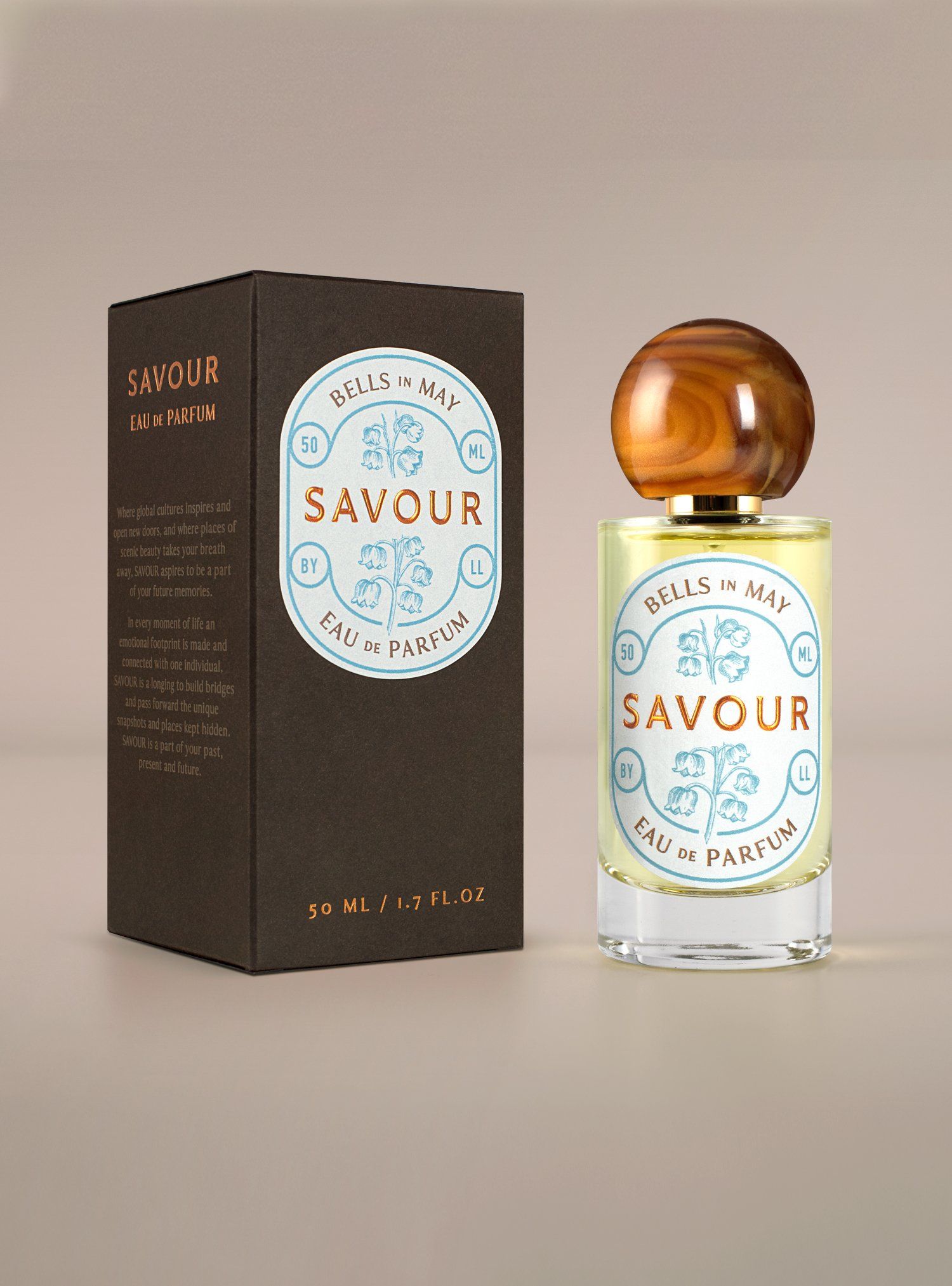 Perfume bottle and box. Bottle is round, gold-topped. Box is dark brown with light blue label.