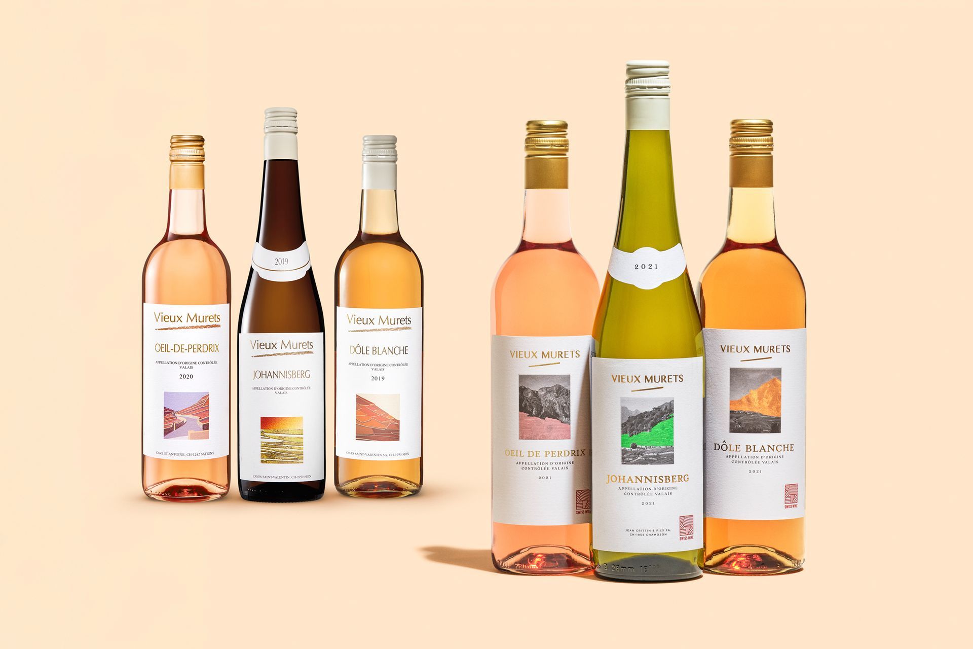Six wine bottles in various colors, set against a peach background.
