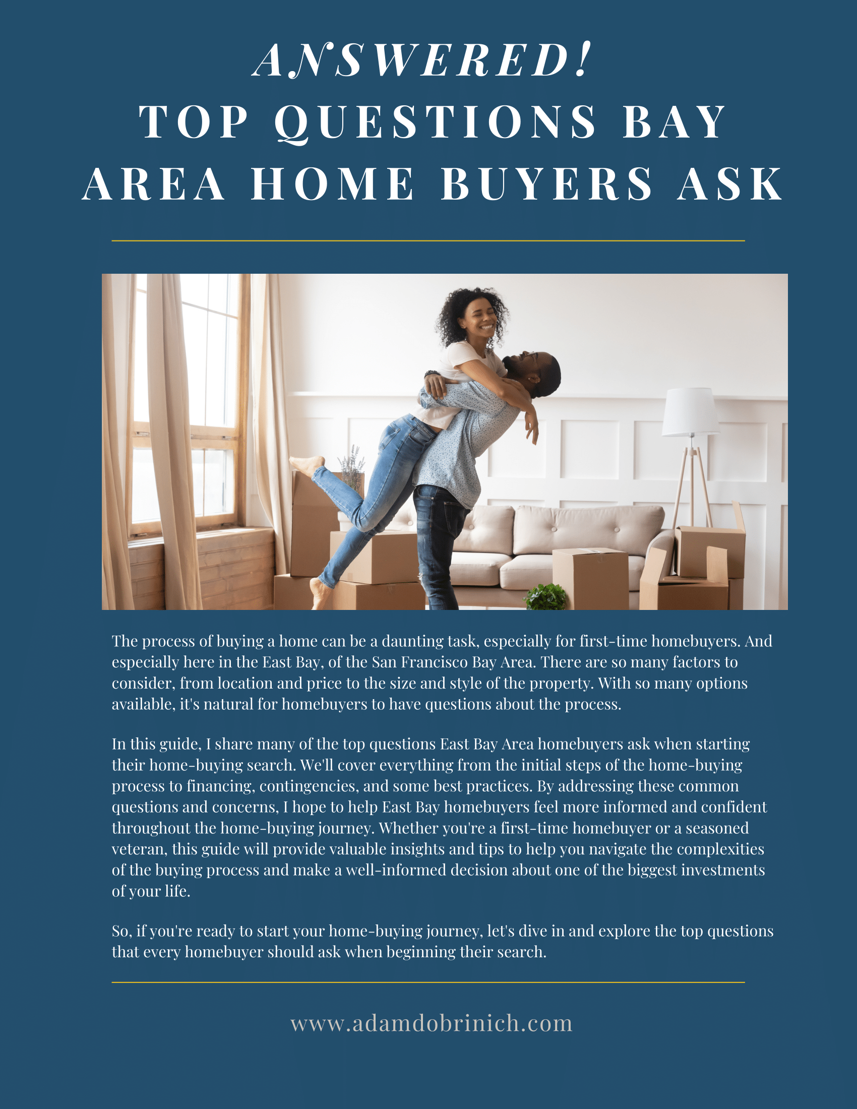 Person sitting on a couch in a bright living room beside the headline “Top Questions by Area Home Buyers Ask”