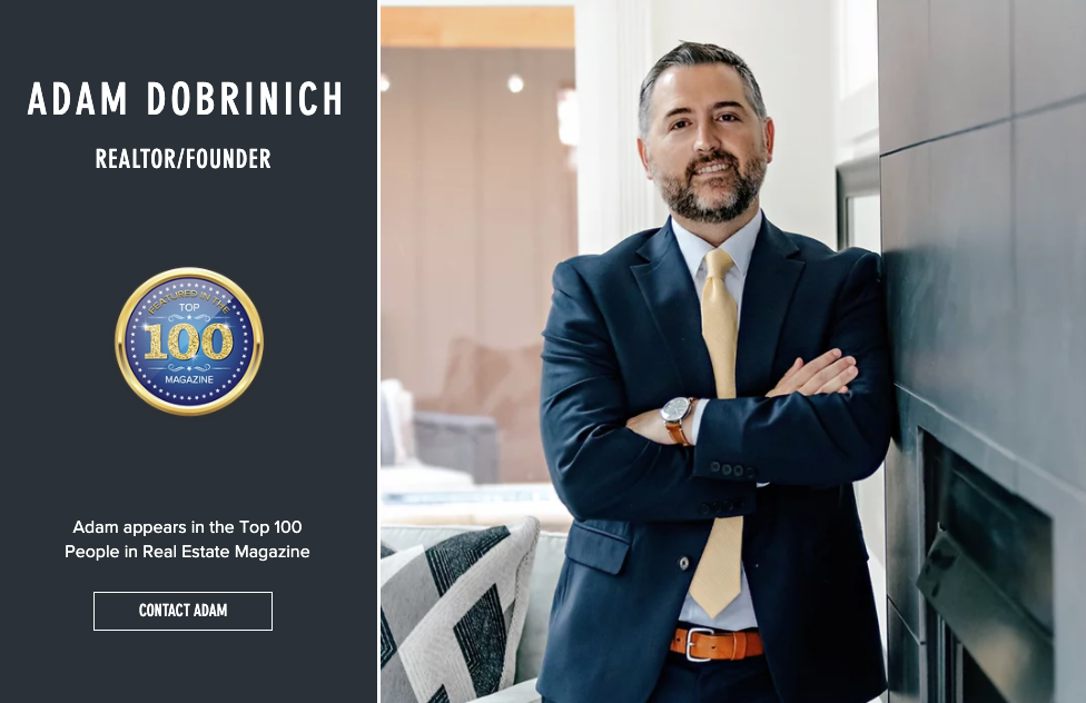 Professional headshot of Adam Dobrinich in a navy suit beside a dark promotional banner with a gold “100” seal.
