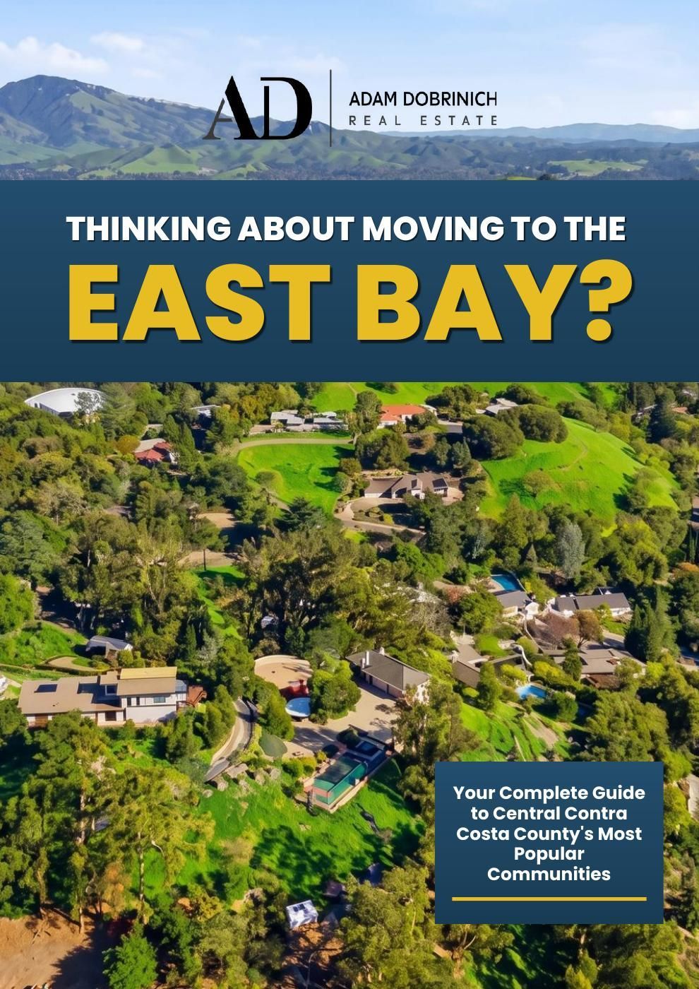 Book cover for “Relocation Guide to San Francisco Bay Area” with home interior photos and blue-and-yellow text blocks