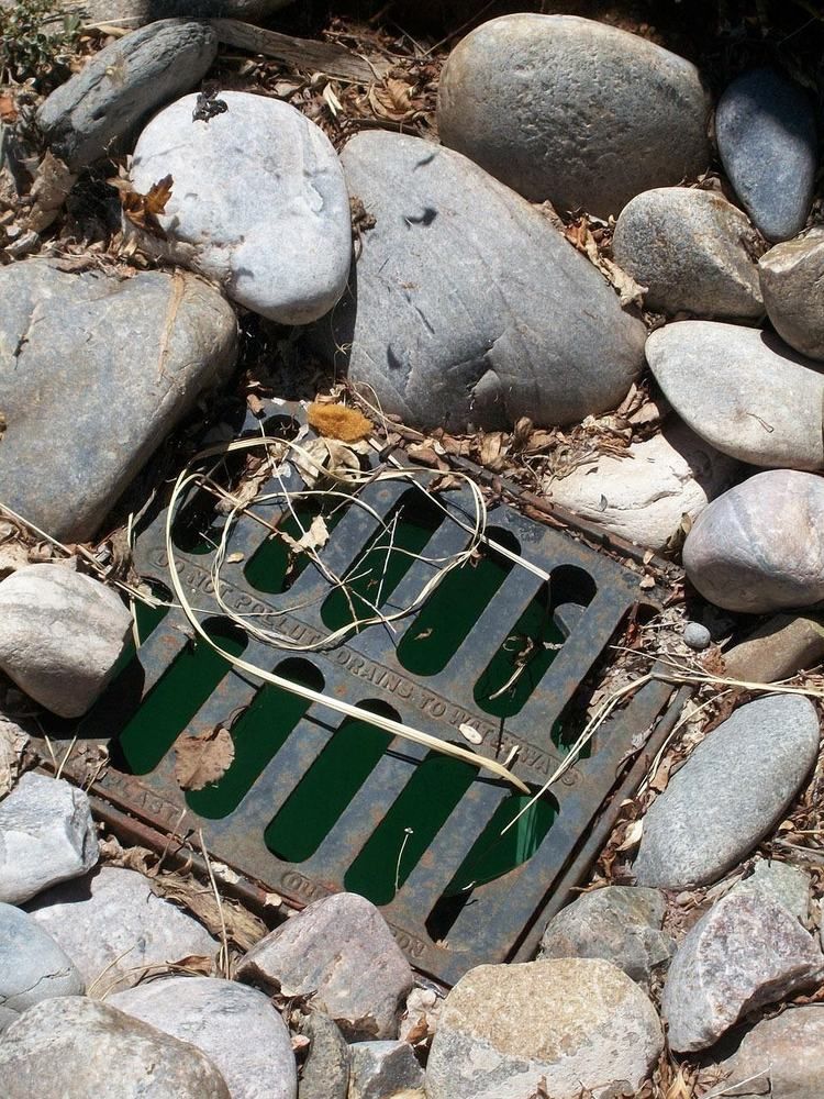 Surface drain grate set among river rock.