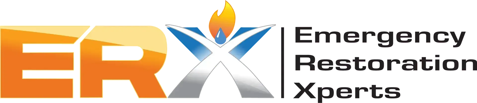 ERX Emergency Restoration Experts logo with orange and black text and a blue flame icon
