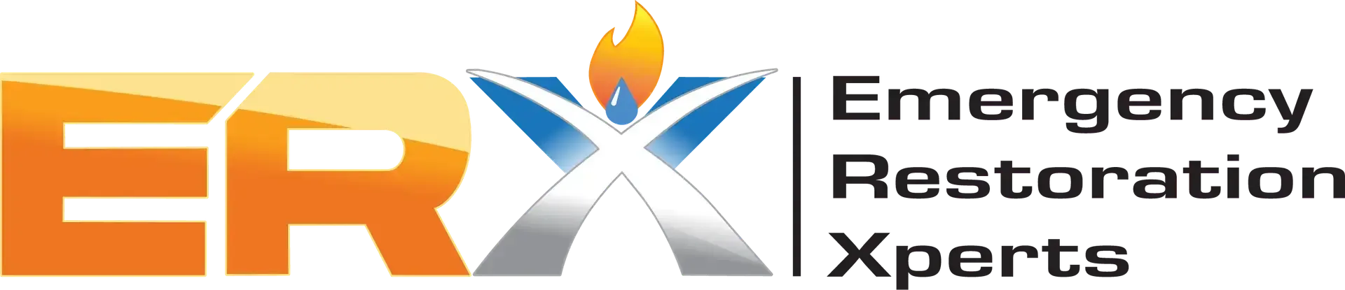 ERX Emergency Restoration Xperts logo with orange and black lettering and flame icon on white background