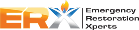 ERX Emergency Restoration Xperts logo with orange and black lettering and flame icon on white background