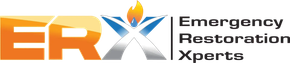ERX Emergency Restoration Xperts logo with orange and black lettering and flame icon on white background