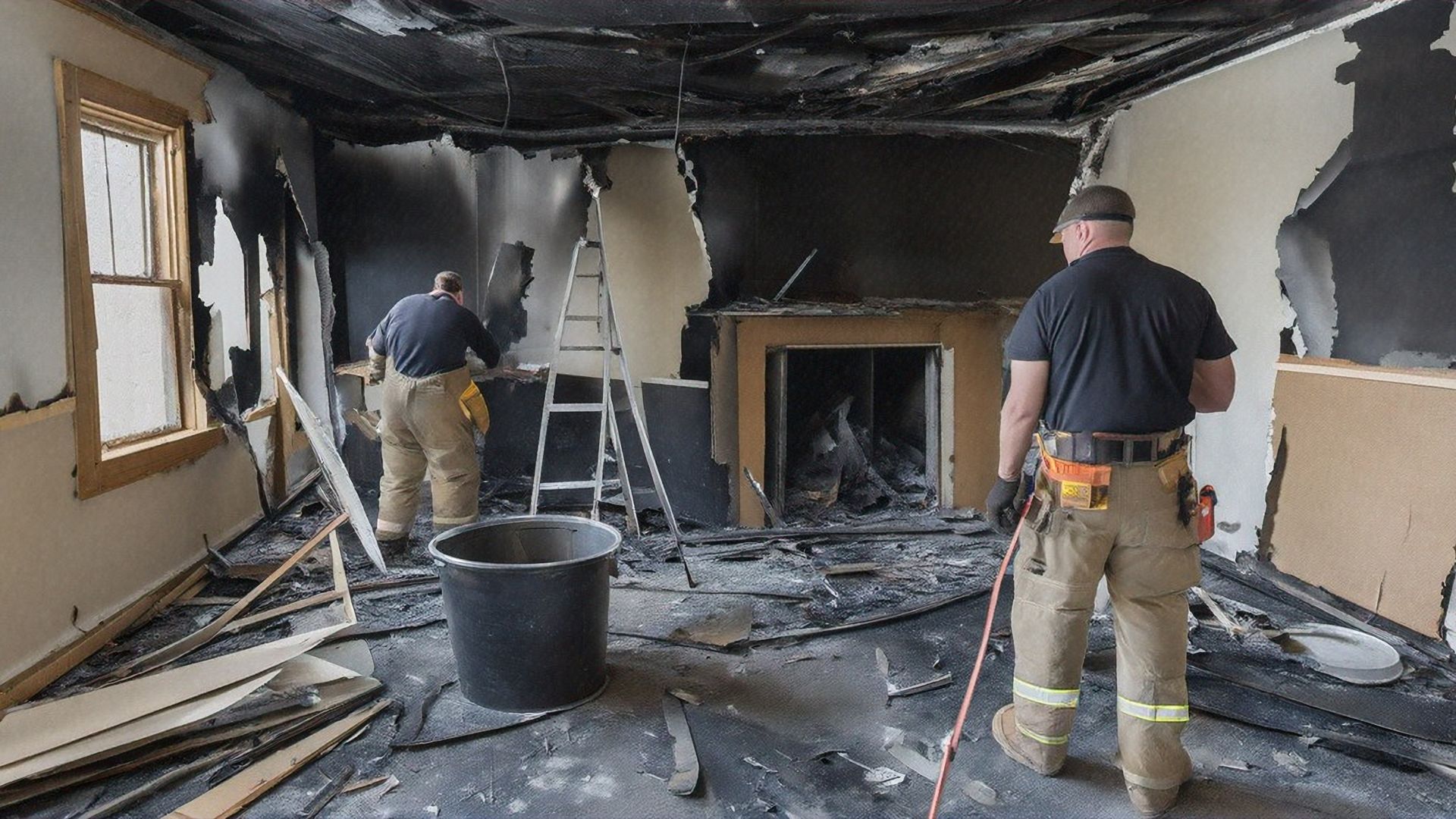 Fire damage inside a room as two workers inspect blackened debris and a charred fireplace.