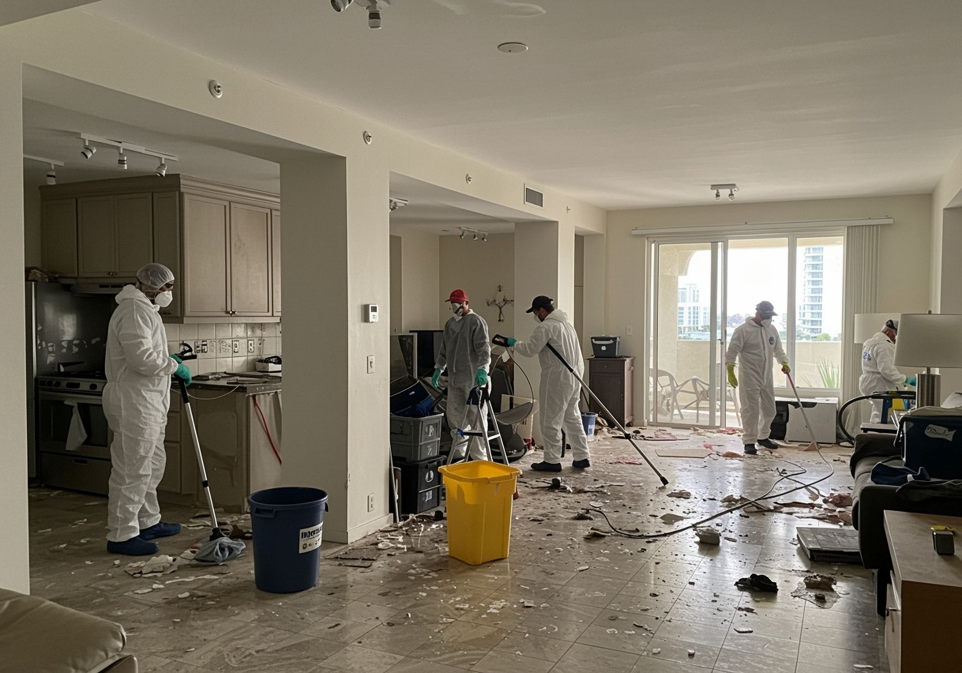 Workers in white suits cleaning debris in a damaged apartment with tools and buckets￼