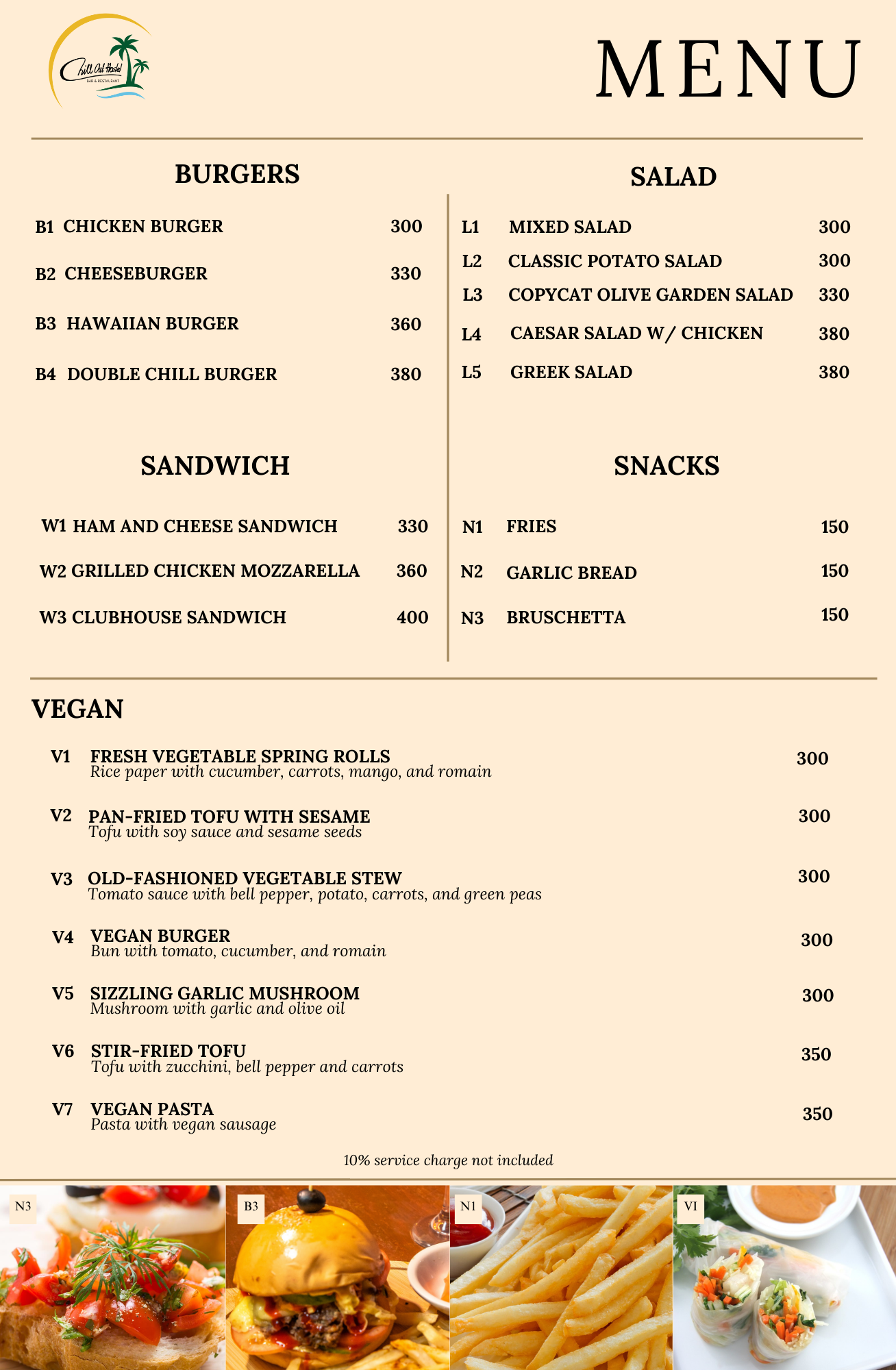 Menu with categories for burgers, salad, sandwich, snacks, and vegan options.