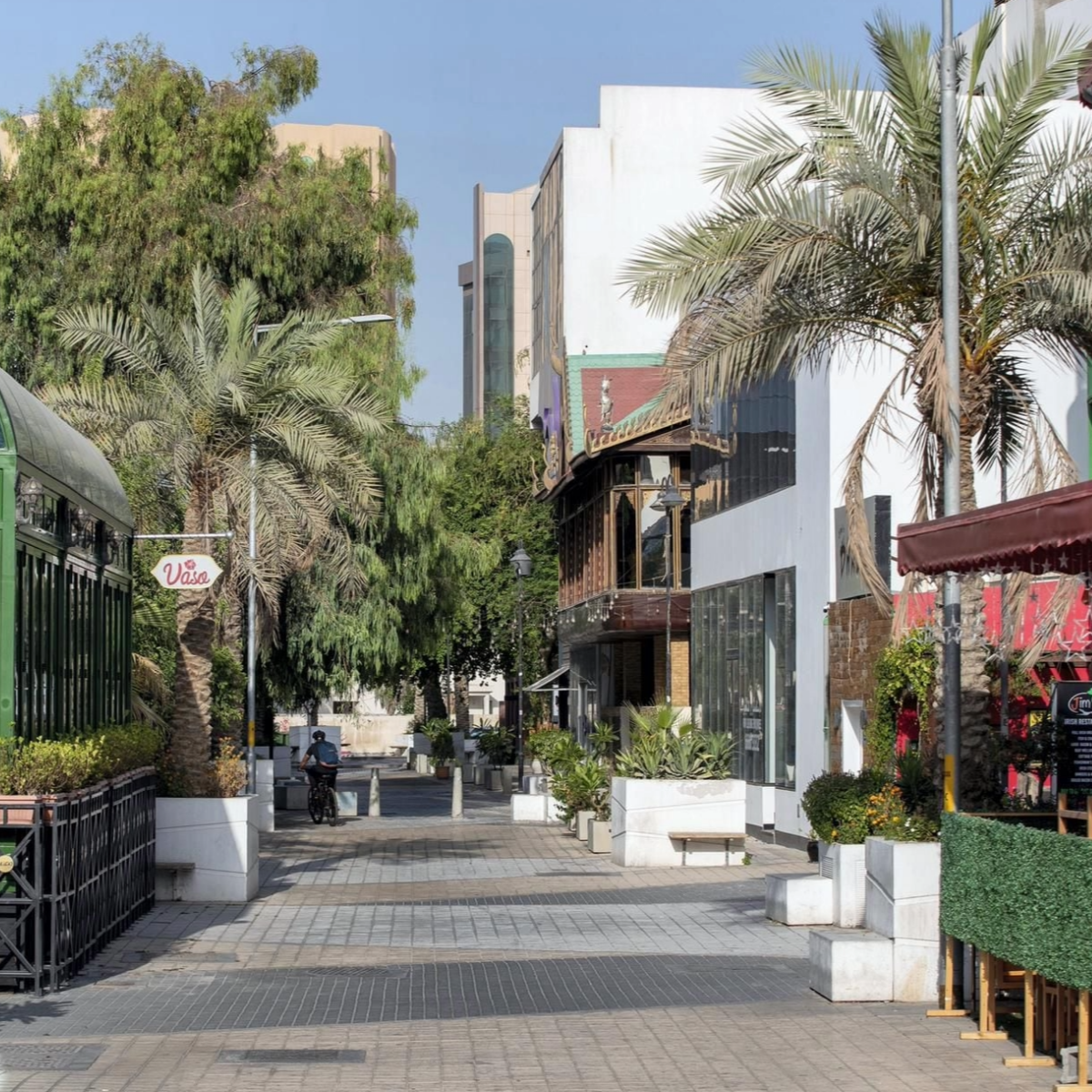 A pedestrian street lined with trees, shops, and seating. Buildings in the background. Sunny day.