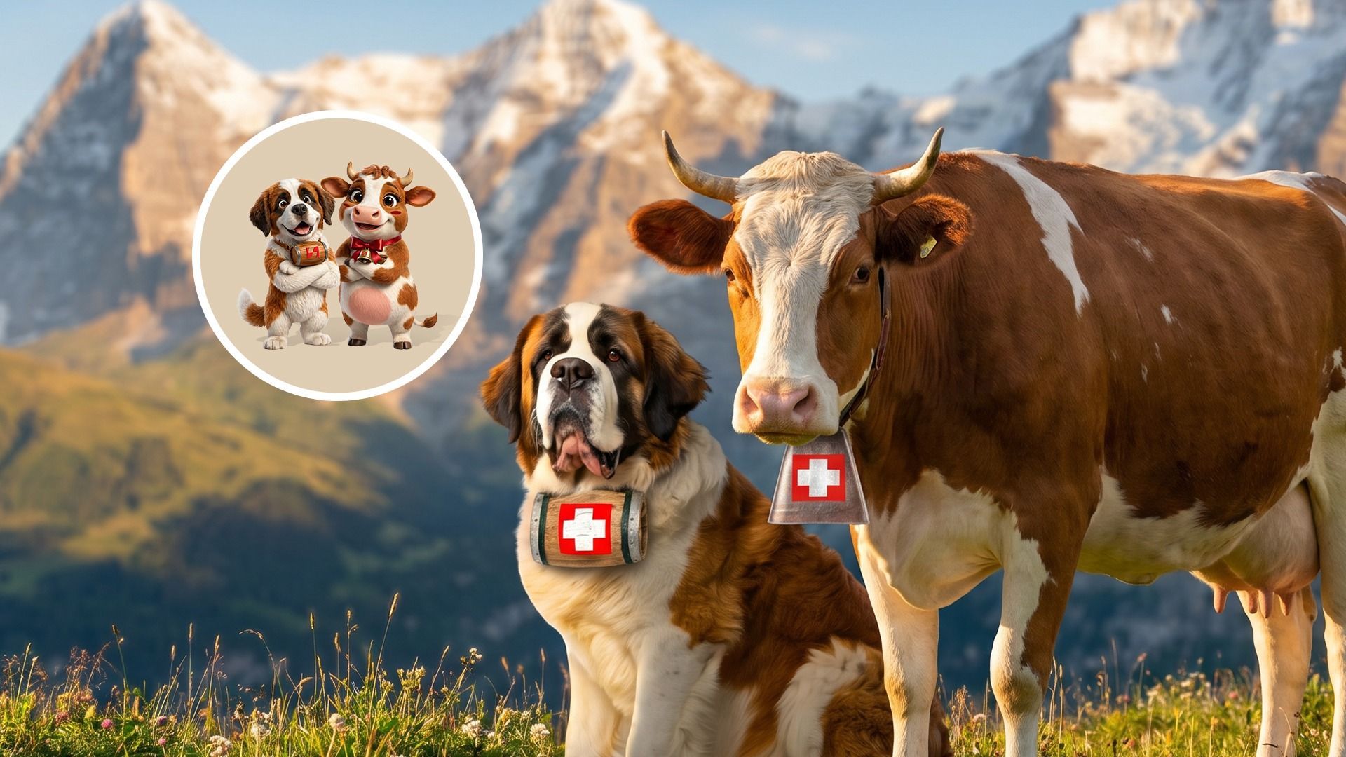 Saint Bernard dog wearing a wooden barrel on a mountain with a lake, cartoon dog in a circle.