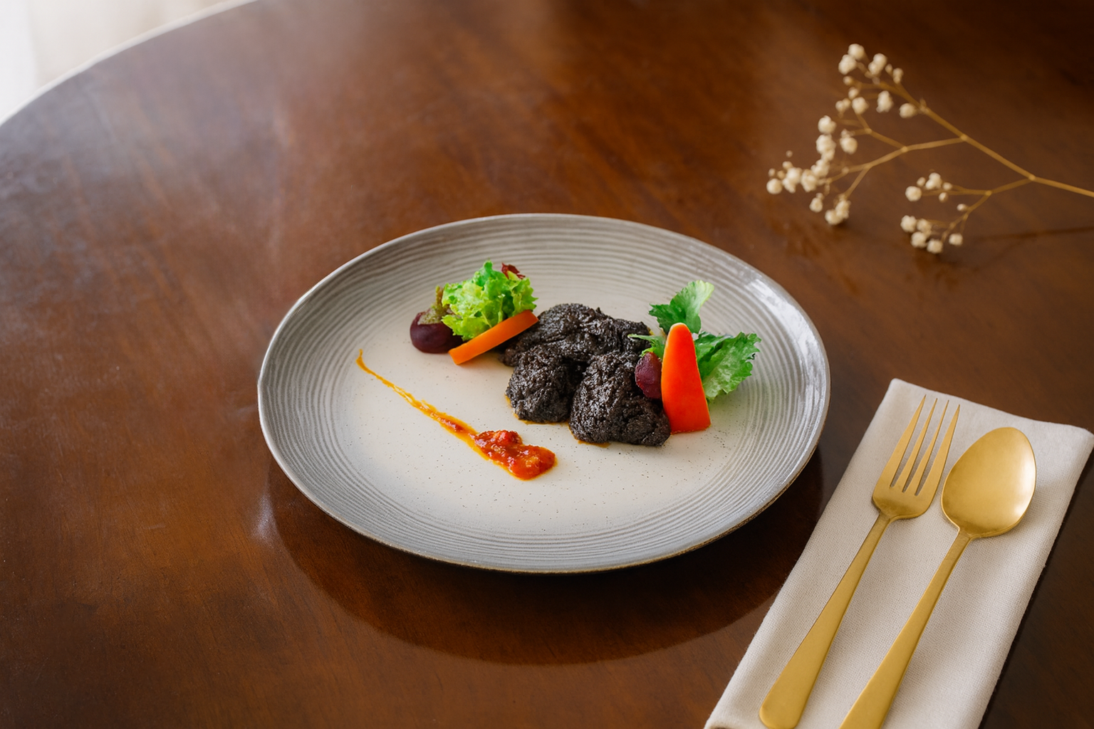 Plate of dark food with vegetables and sauce, gold utensils, and napkin on a wood table.