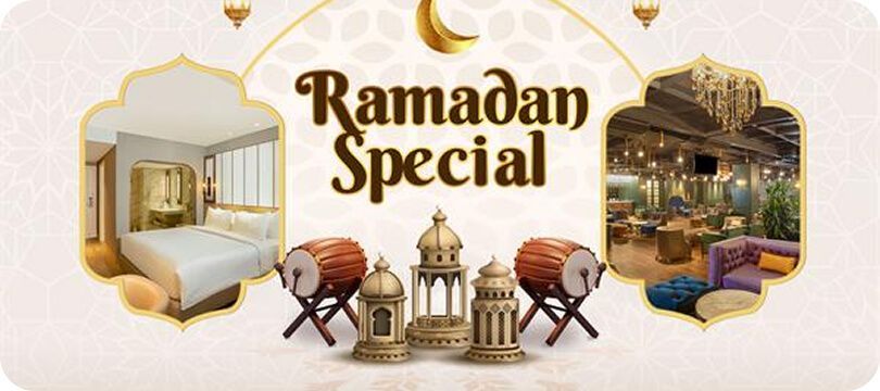 A ramadan special advertisement with a hotel room , lanterns , and drums.
