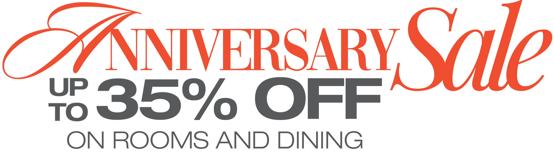 Anniversary Sale banner in red and gray: up to 35% off on rooms and dining