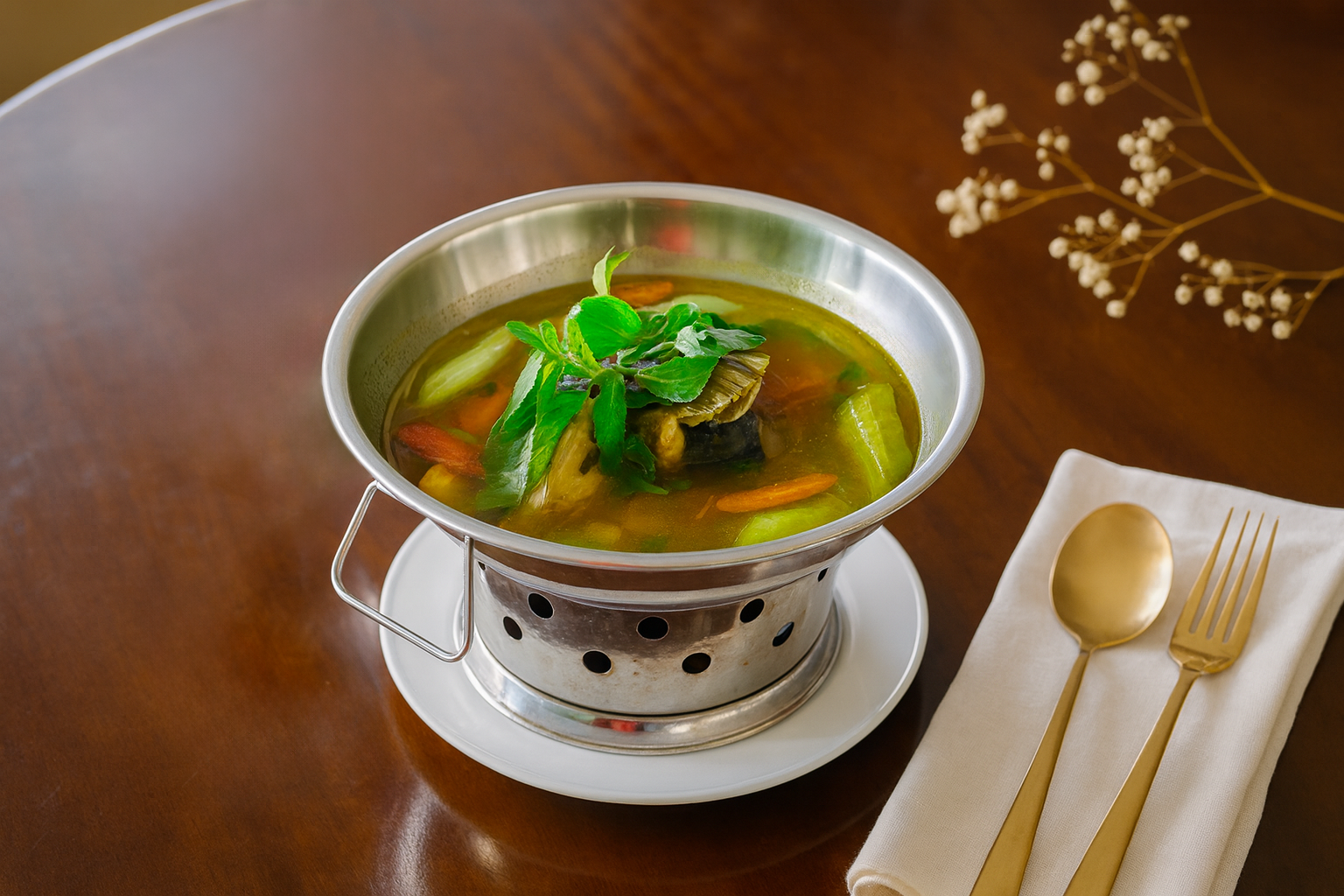 Soup in a metal bowl on a small burner, with gold utensils and a napkin, on a wooden table.