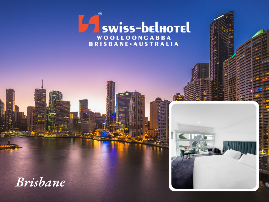 Swiss-Belhotel Woolloongabba Brisbane, Australia. City skyline at dusk, hotel room interior in inset.