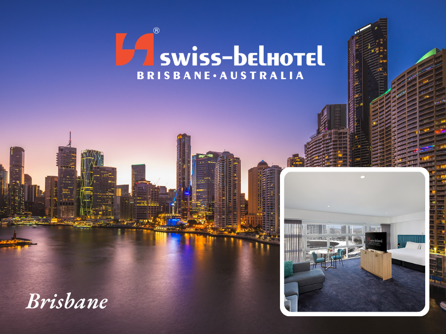 Swiss-Belhotel Woolloongabba Brisbane, Australia. City skyline at dusk, hotel room interior in inset.