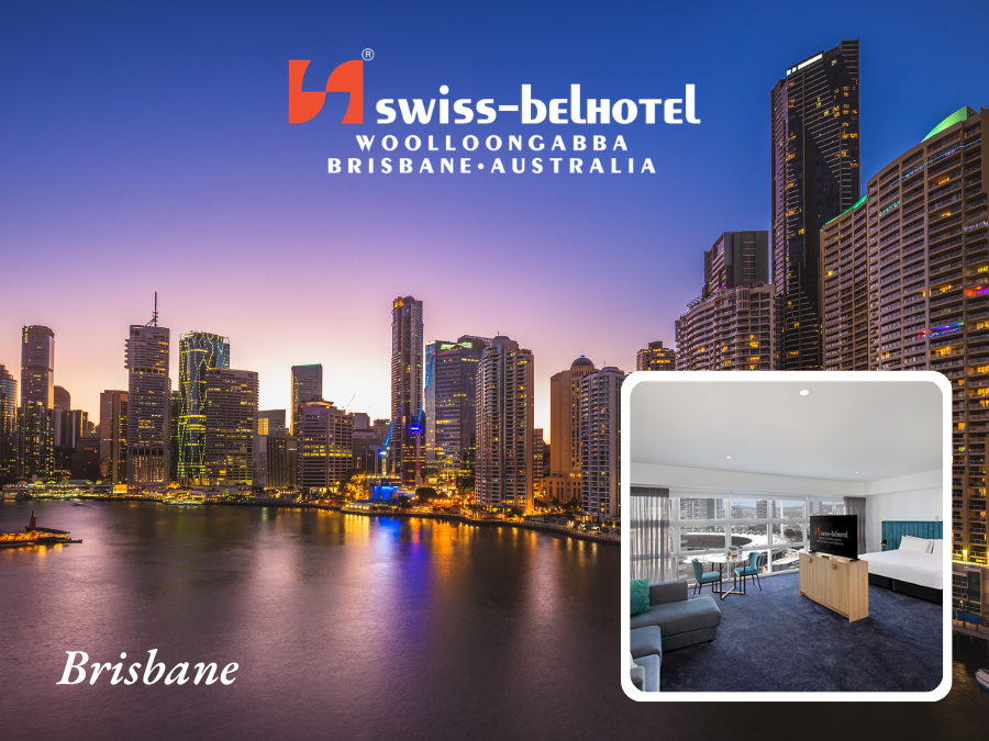 Swiss-Belhotel Woolloongabba Brisbane, Australia. City skyline at dusk, hotel room interior in inset.