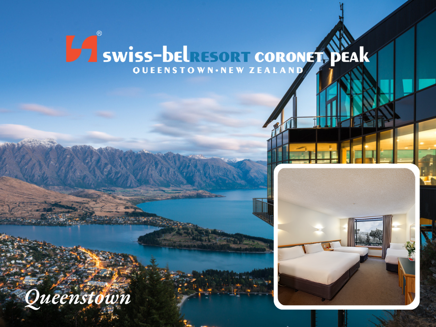 Swiss-Bel Resort & Villas in Queenstown, NZ, overlooking lake and mountains. A modern building with inset bedroom.